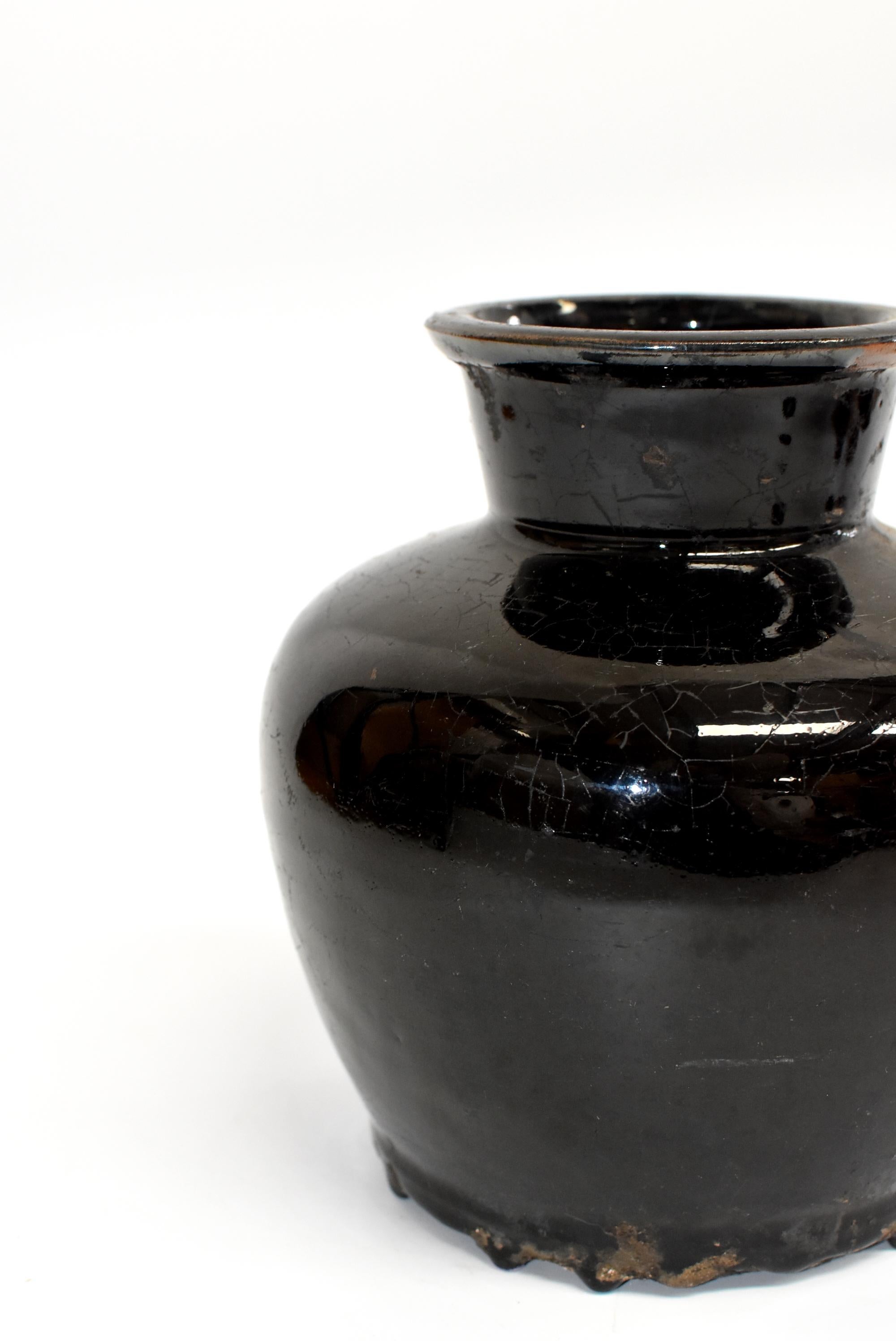Glazed Antique Black Jar, High Neck, Handmade Chinese Pottery