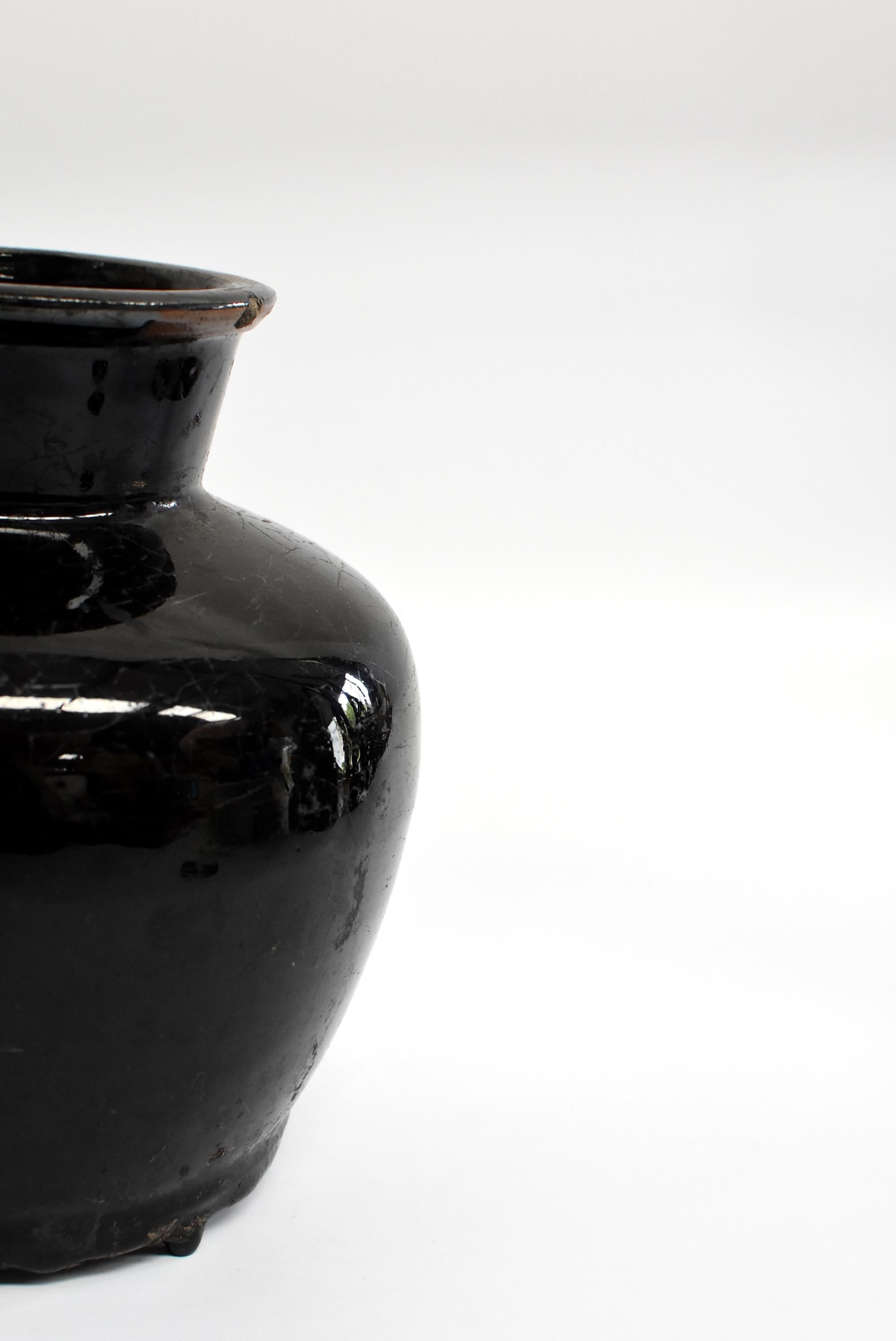 Antique Black Jar, High Neck, Handmade Chinese Pottery In Good Condition In Somis, CA