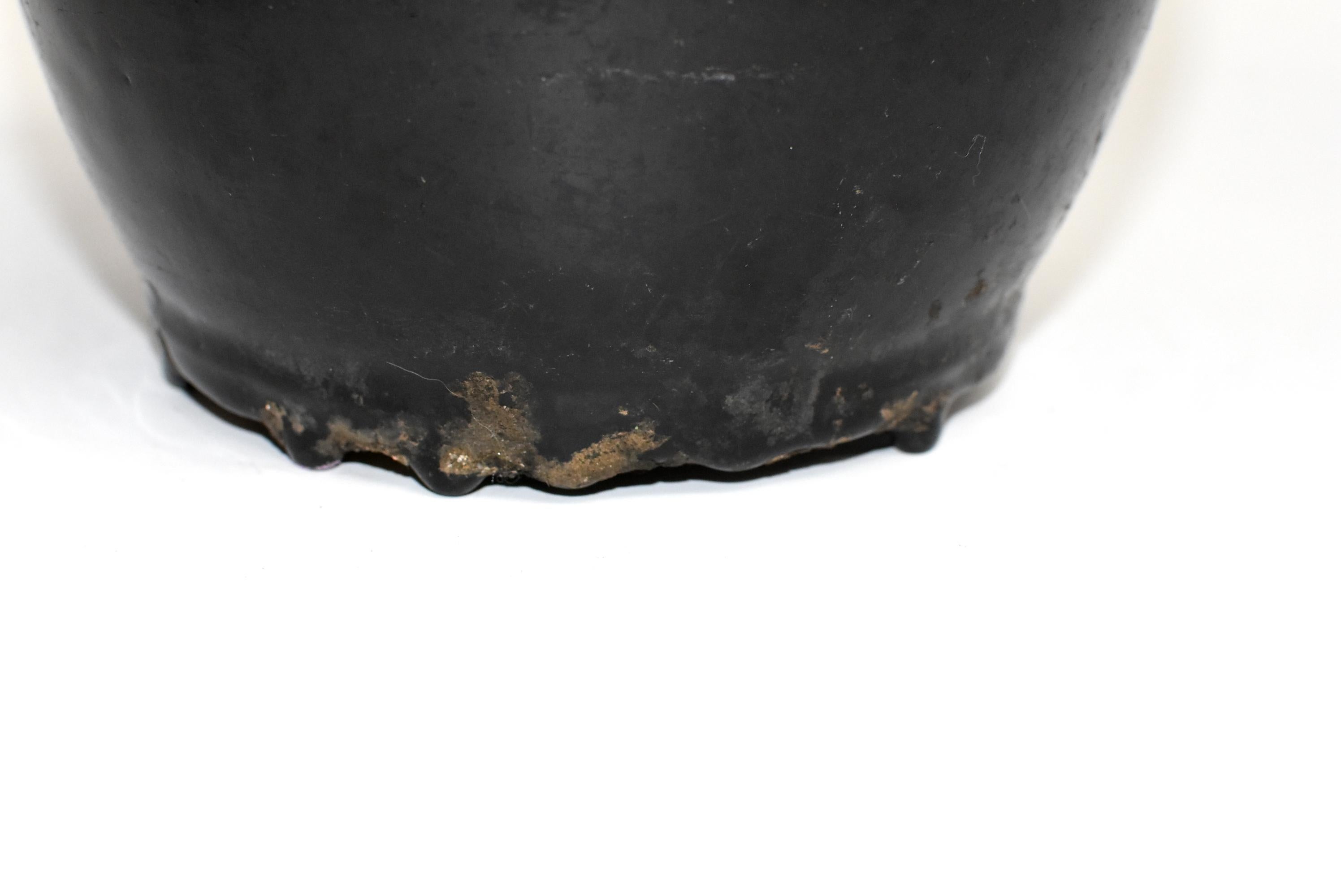 19th Century Antique Black Jar, High Neck, Handmade Chinese Pottery