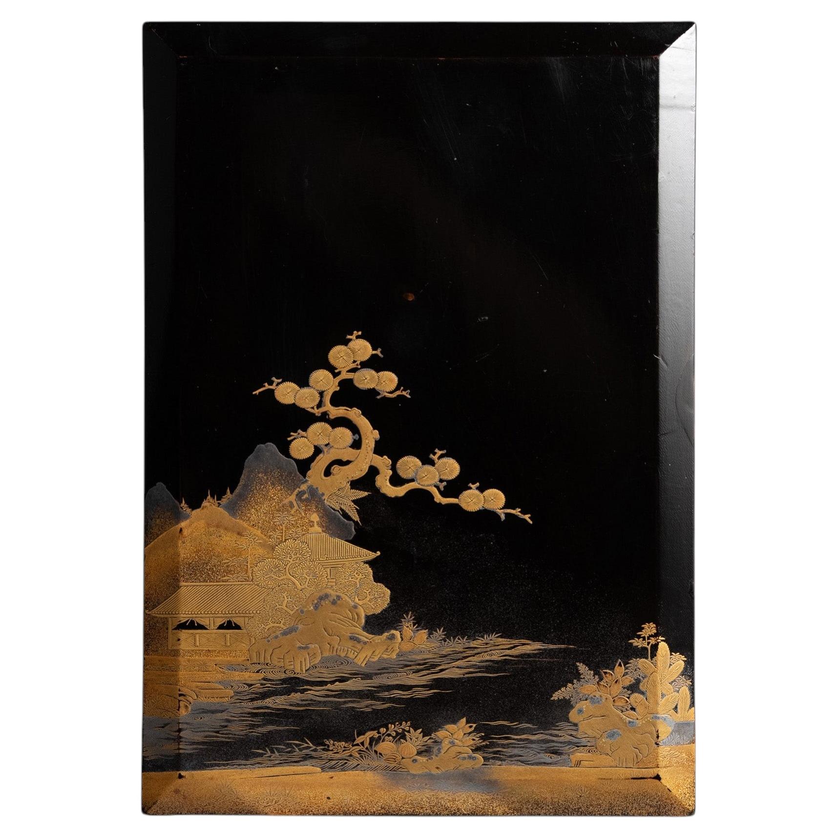 Antique Black Lacquer Gold Maki-e Landscape Suzuribako