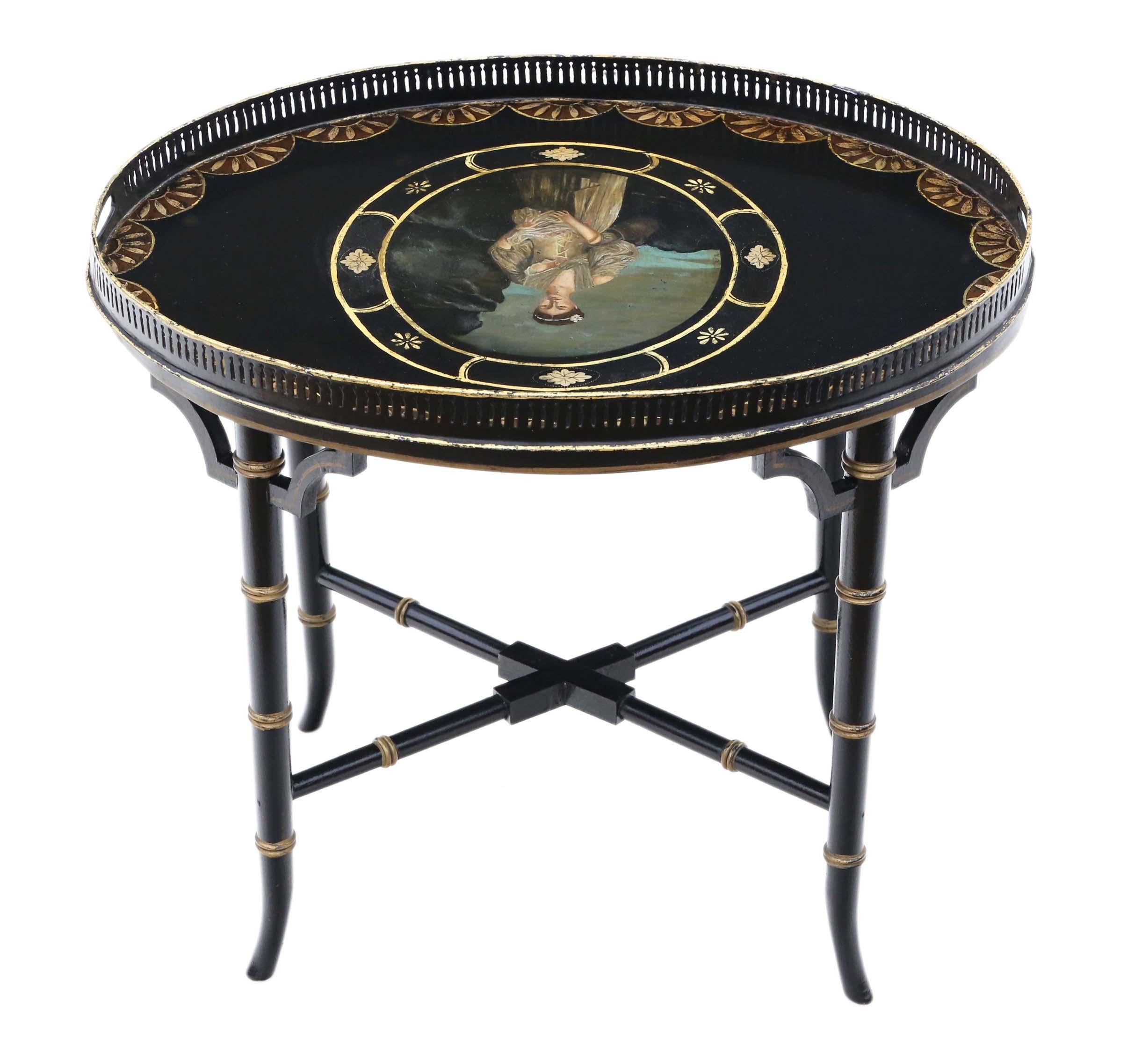 Late 19th Century Antique Black Lacquer Painted Serving Tray on Stand Coffee Table