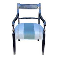Antique Black Lacquer Regency Style Arm Chair with Blue Stripe, 1910s