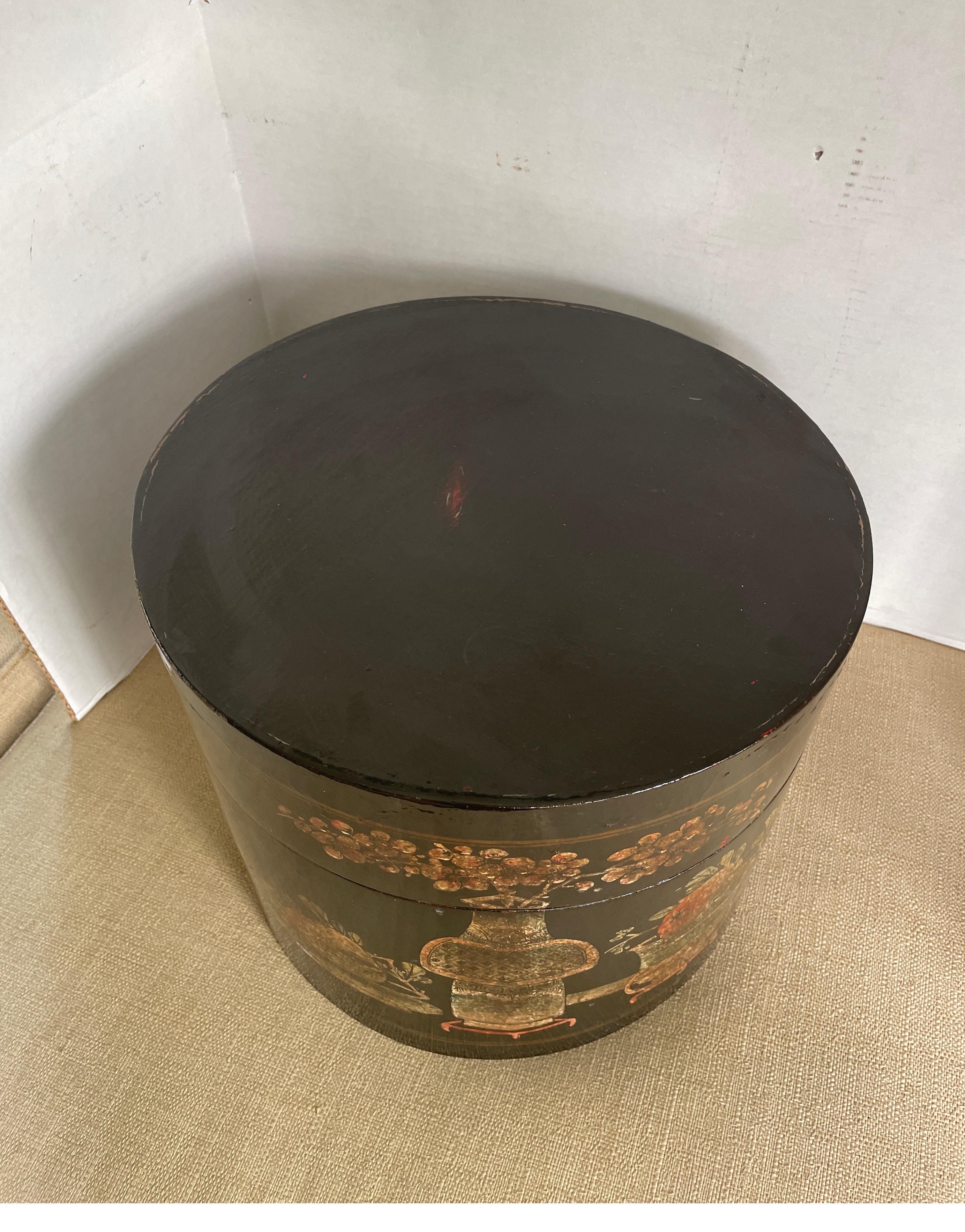 Chinese Antique Black Lacquer Round Container with Painted Floral Motifs For Sale