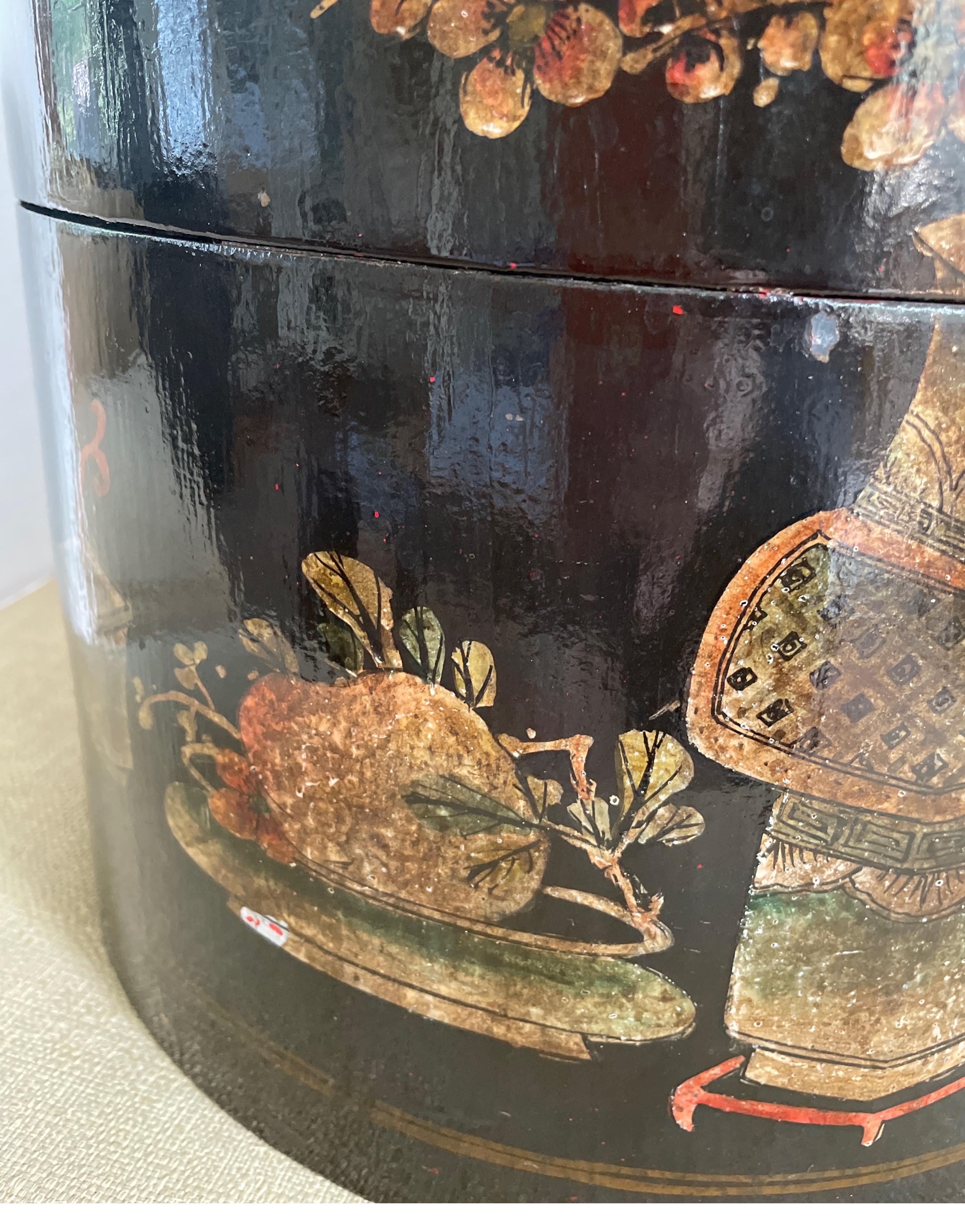 Wood Antique Black Lacquer Round Container with Painted Floral Motifs For Sale