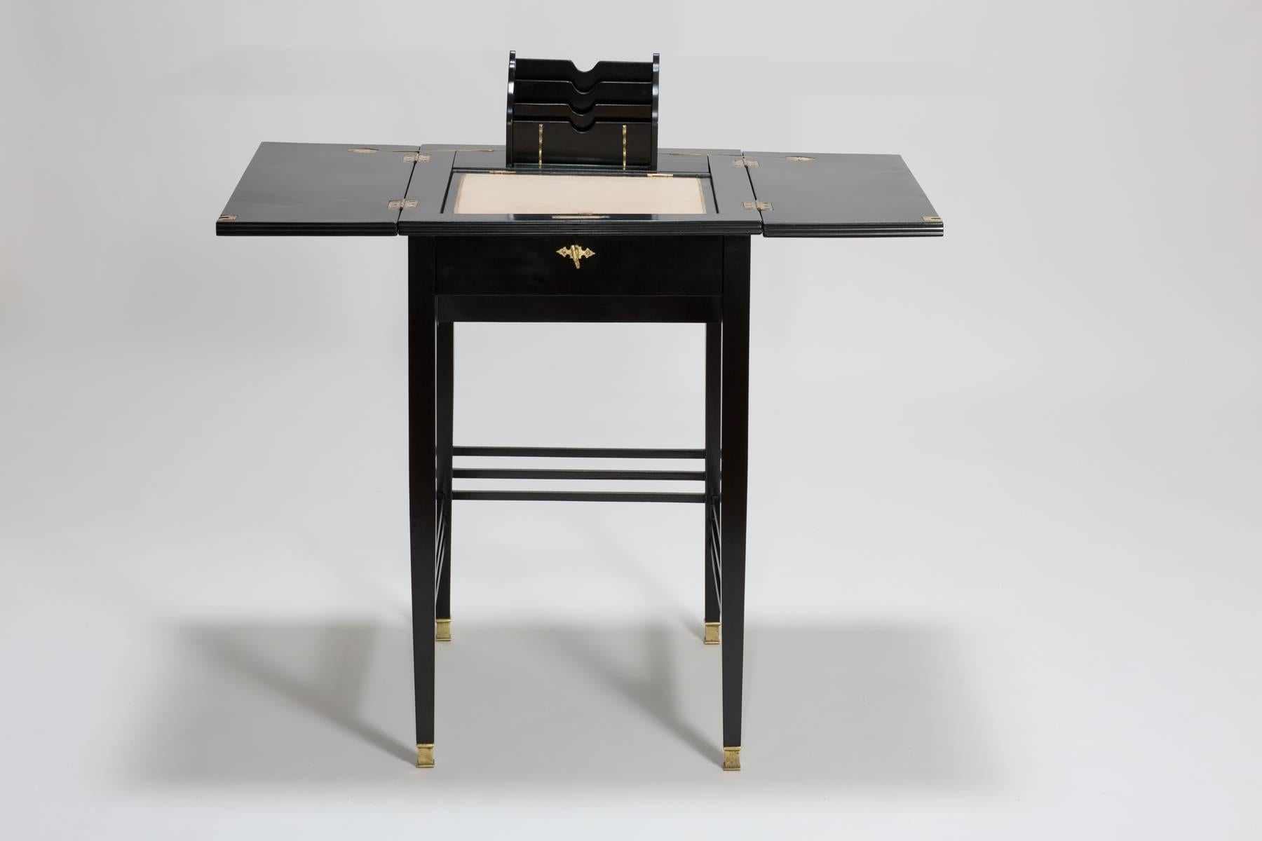 Leather Antique Black Lacquered Art Nouveau Writing Desk and Table from Vienna