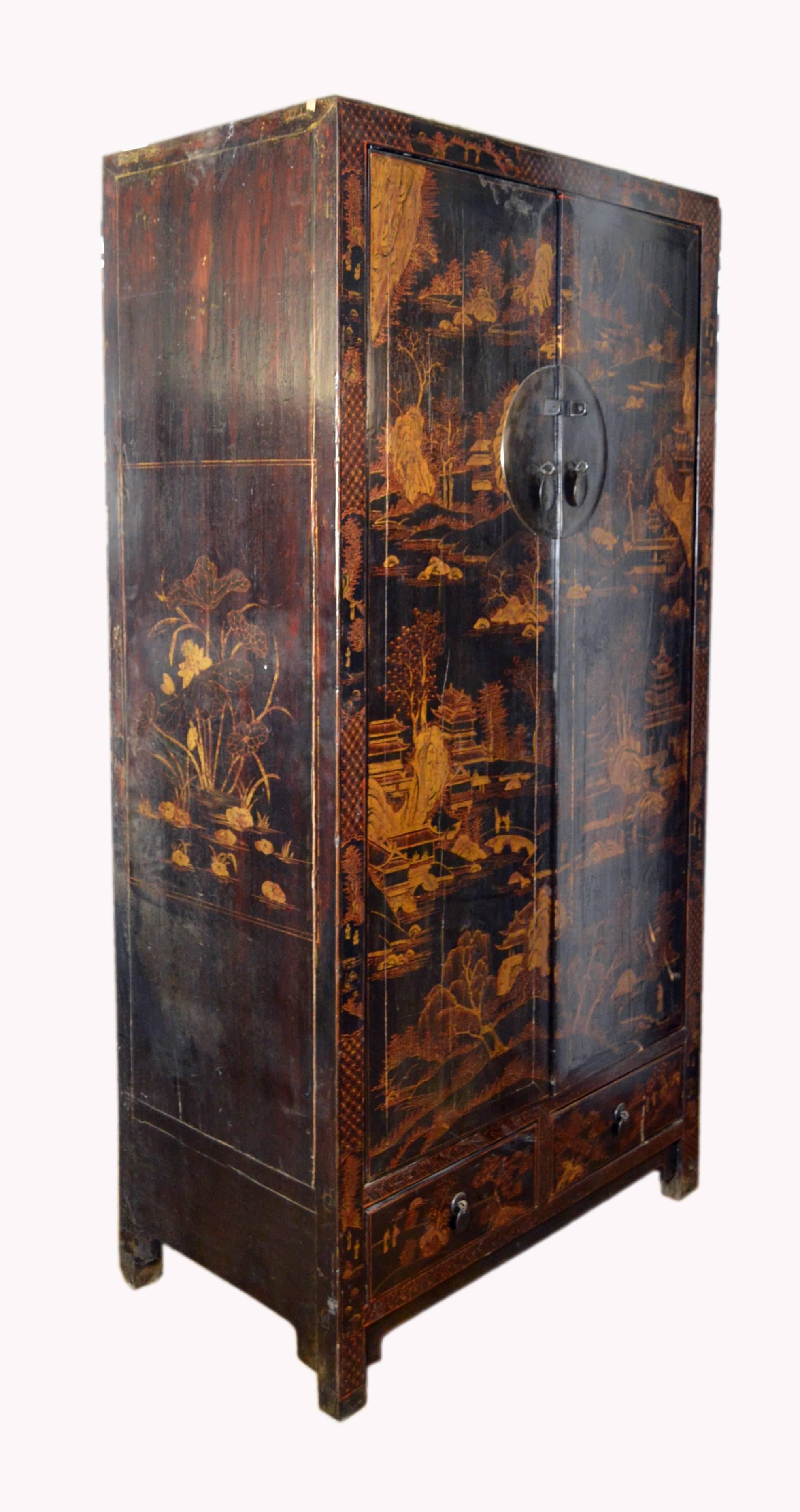 Antique Black Lacquered Chinese Armoire with Hand-Painted Gilded Scenes 4