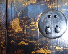 Antique Black Lacquered Chinese Armoire with Hand-Painted Gilded Scenes