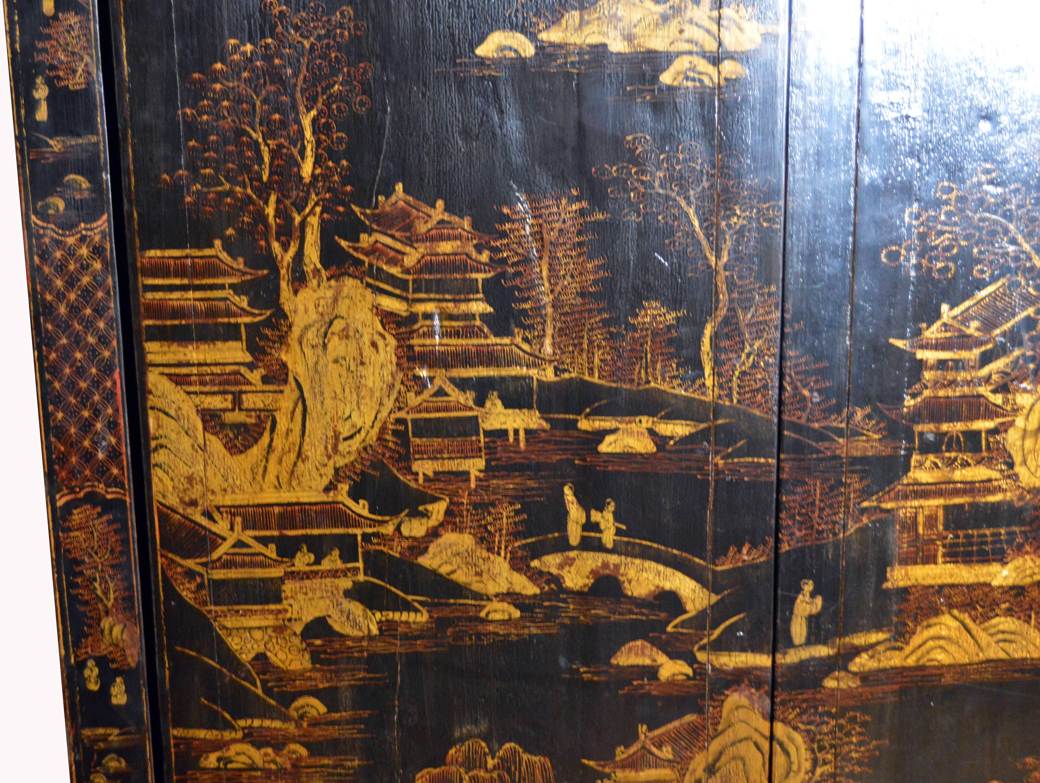 Antique Black Lacquered Chinese Armoire with Hand-Painted Gilded Scenes In Good Condition In Yonkers, NY