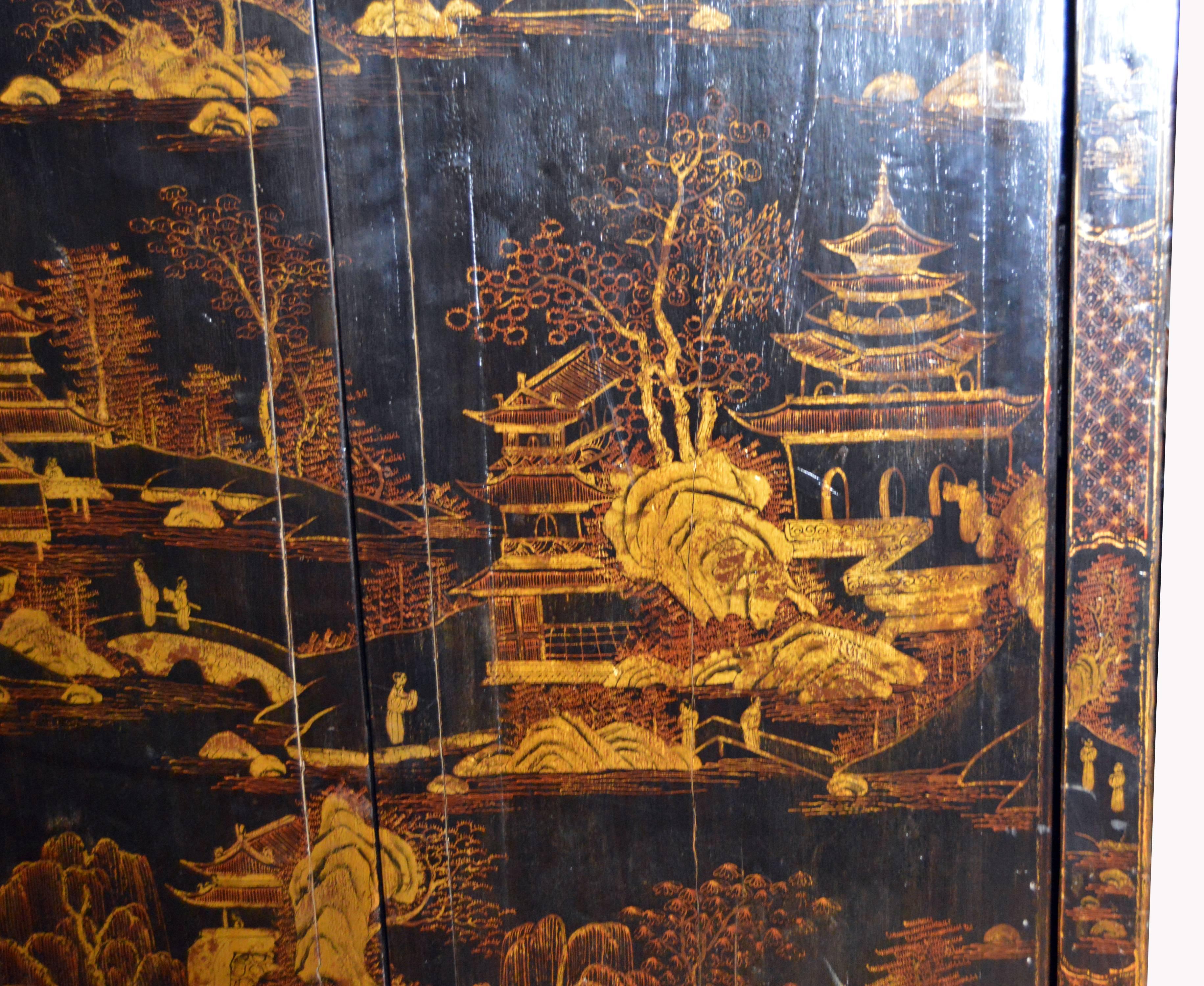 19th Century Antique Black Lacquered Chinese Armoire with Hand-Painted Gilded Scenes