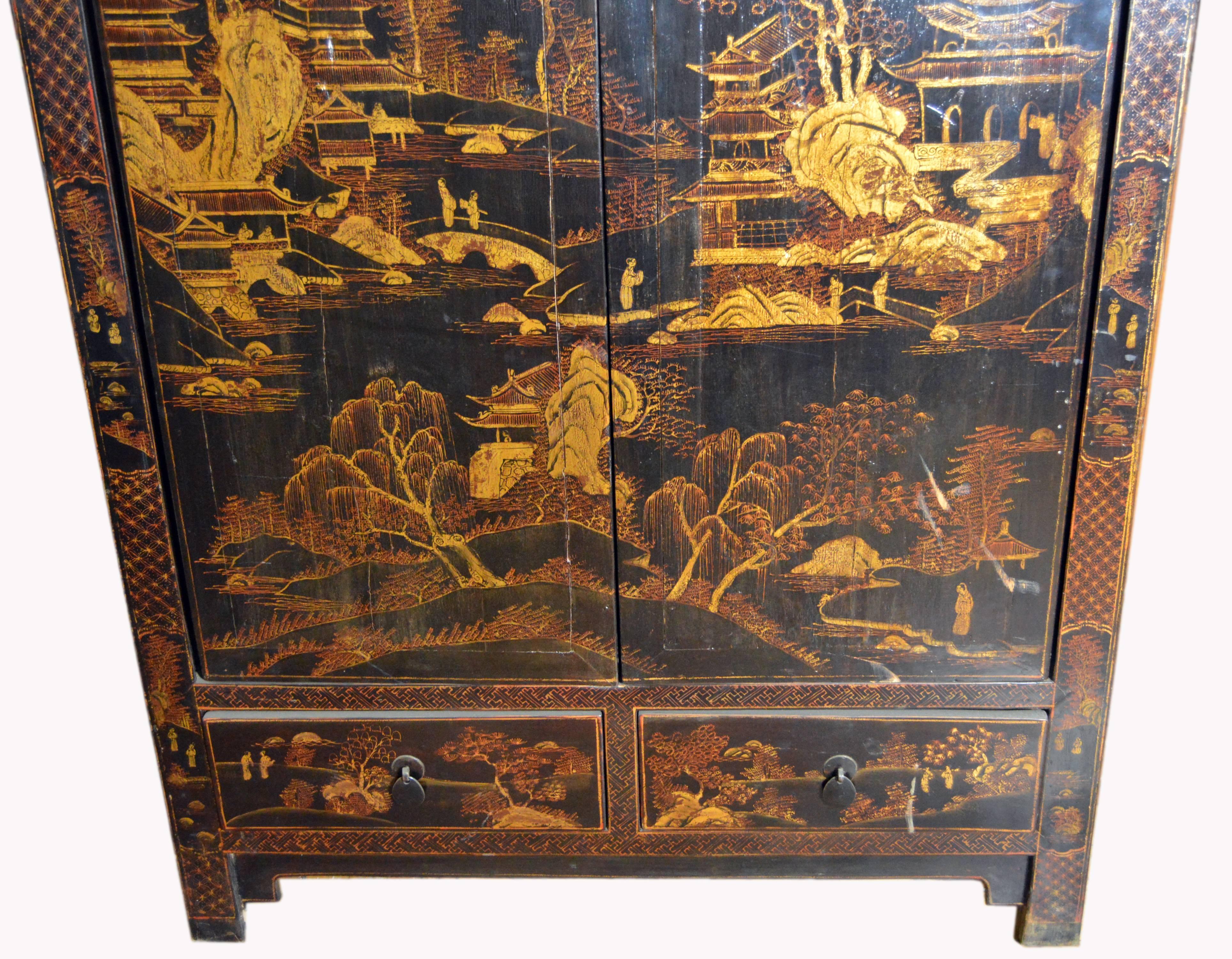 Wood Antique Black Lacquered Chinese Armoire with Hand-Painted Gilded Scenes