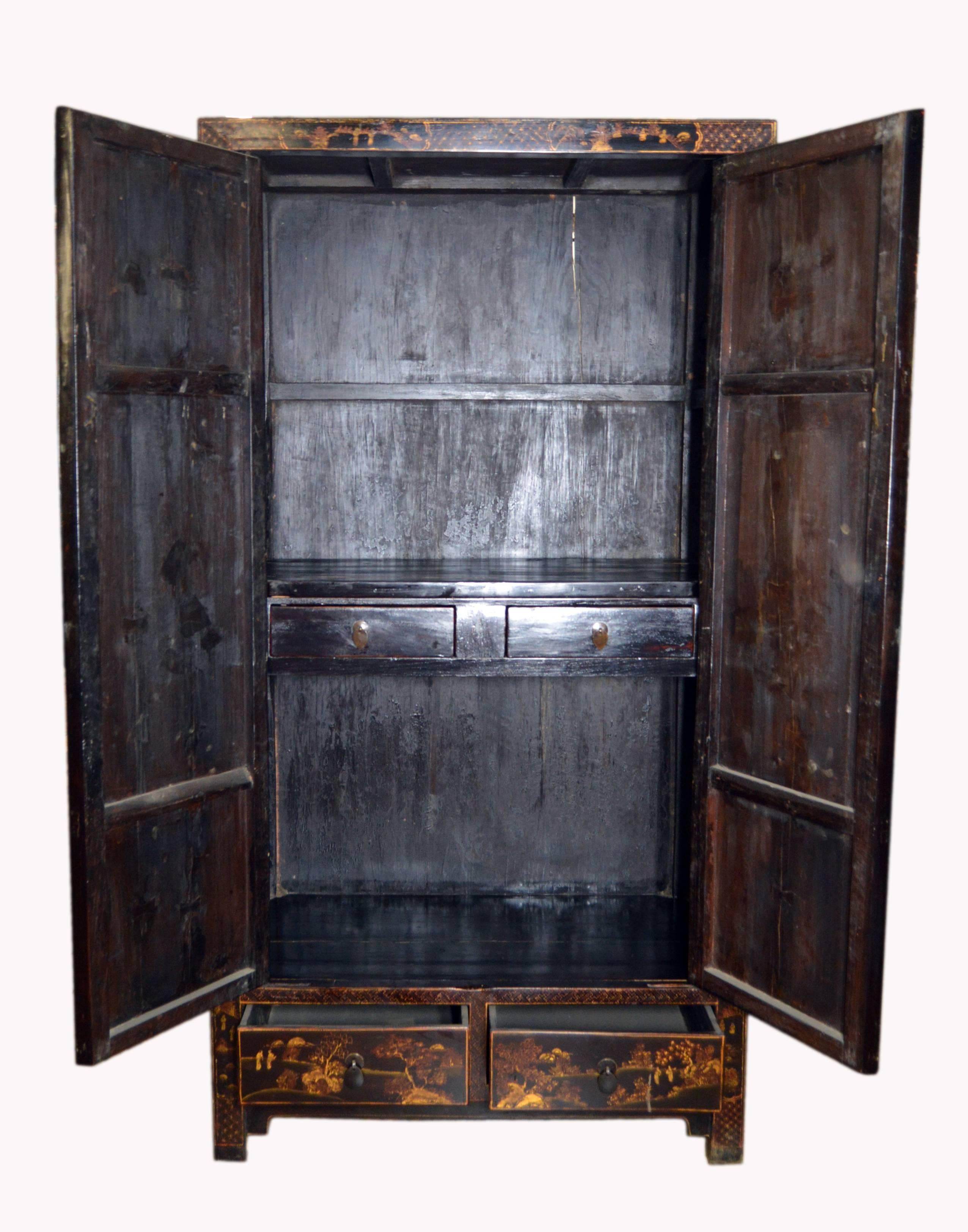 Antique Black Lacquered Chinese Armoire with Hand-Painted Gilded Scenes 2