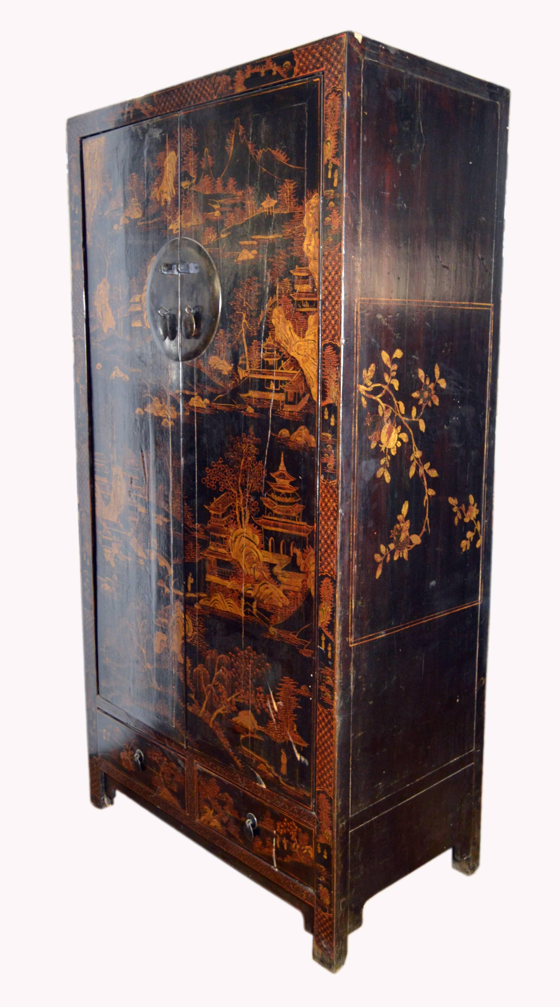 Antique Black Lacquered Chinese Armoire with Hand-Painted Gilded Scenes 3