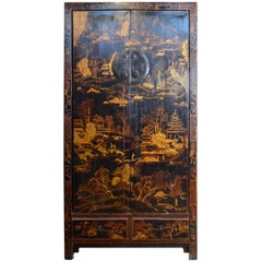 Antique Black Lacquered Chinese Armoire with Hand-Painted Gilded Scenes