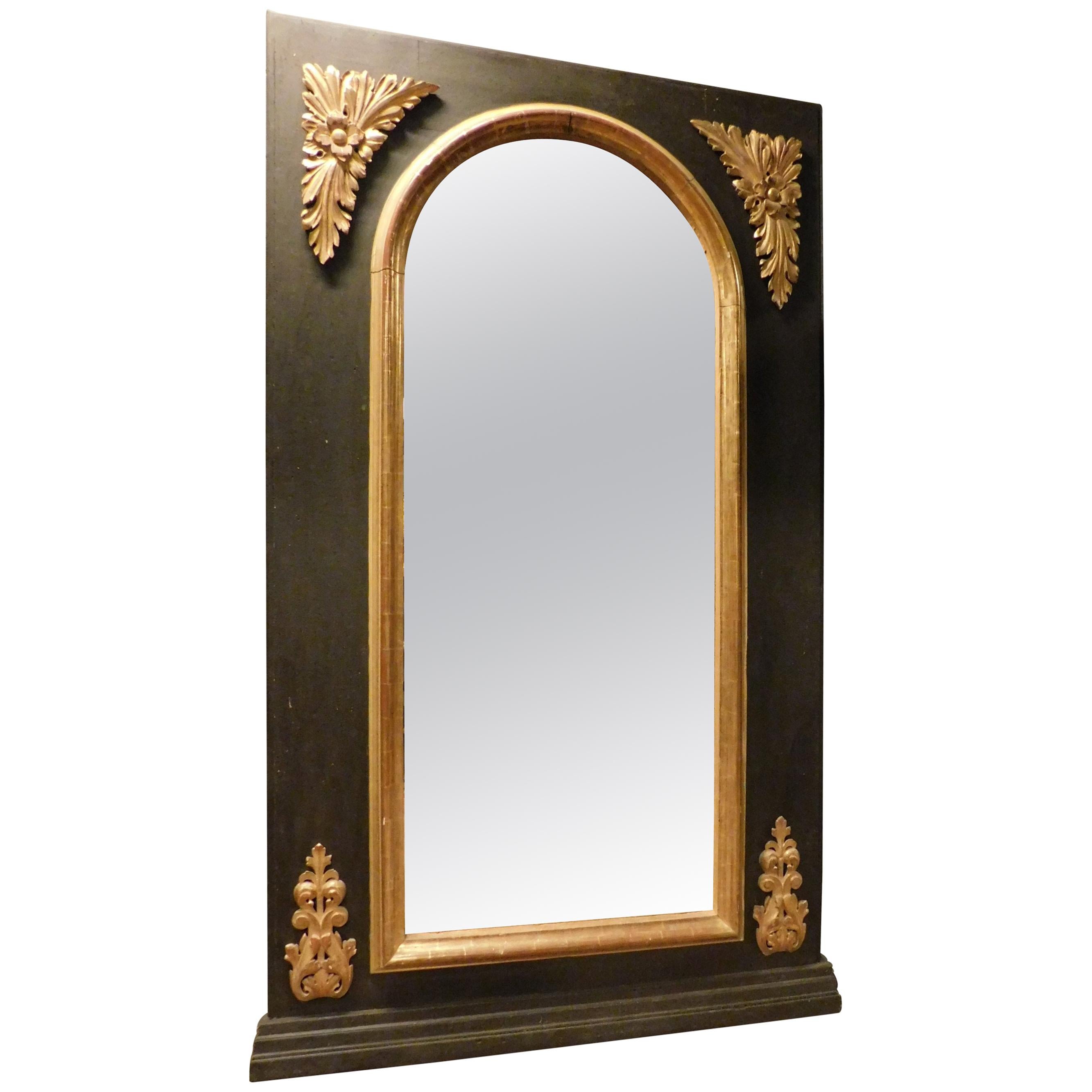 Antique Black Lacquered Mirror, with Golden Decorations, 1800, Italy
