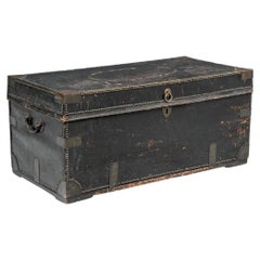Antique Black Leather Campaign Trunk as Cocktail Table