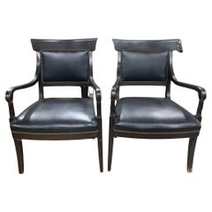 Antique Black Leather, Dark Wood Tones, Armchairs, Fauteuils, Pair, Set of 2!