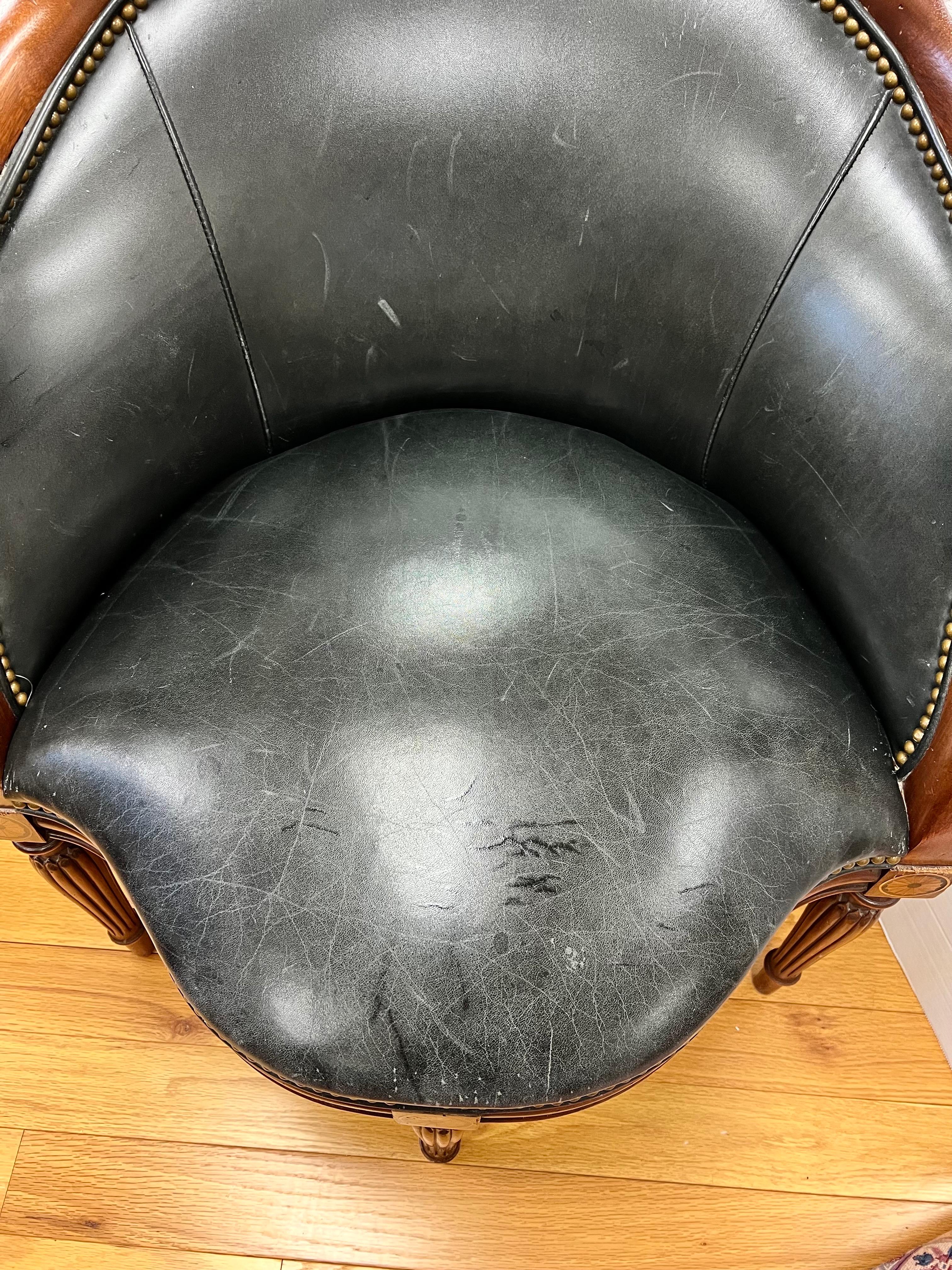 Antique Black Leather Mahogany Inlay Corner Chair 1