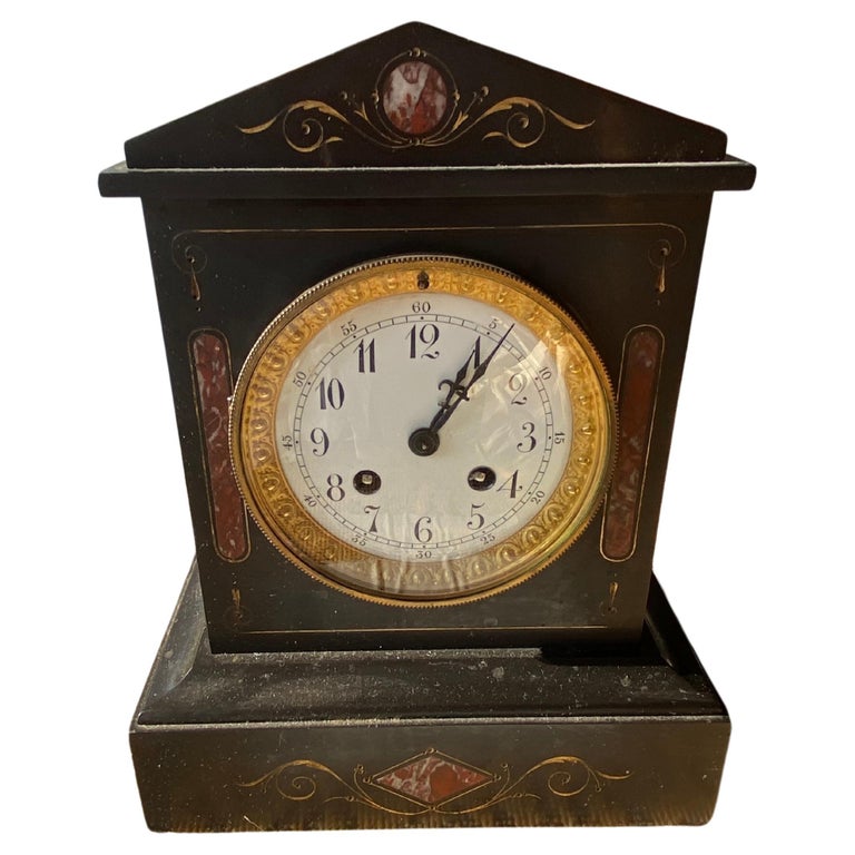 Antique Black Marble French Mantel Clock by Jary Freres For Sale at 1stDibs