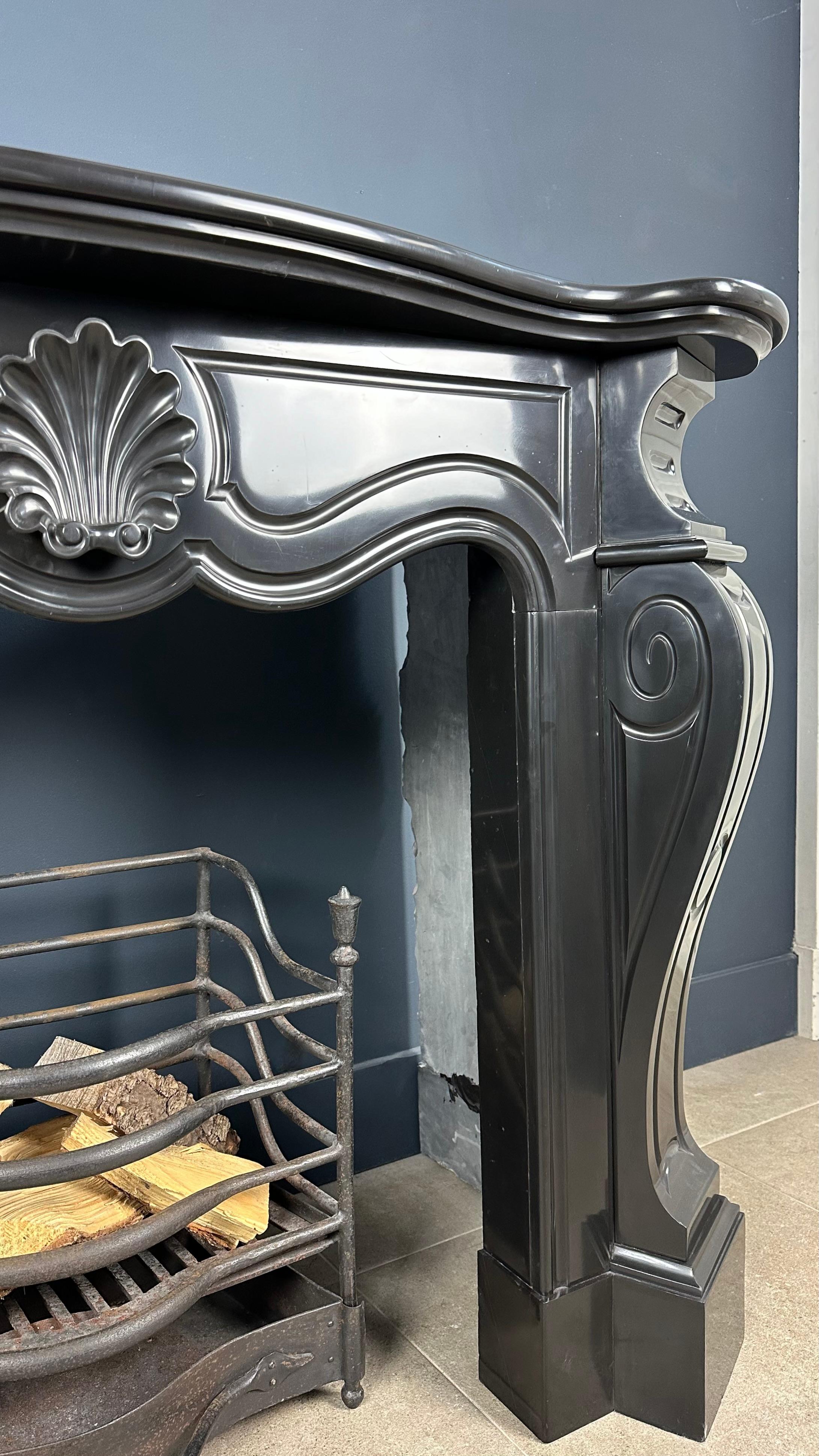 19th Century Antique Black Marble Shell Fireplace: Deep Gloss For Sale