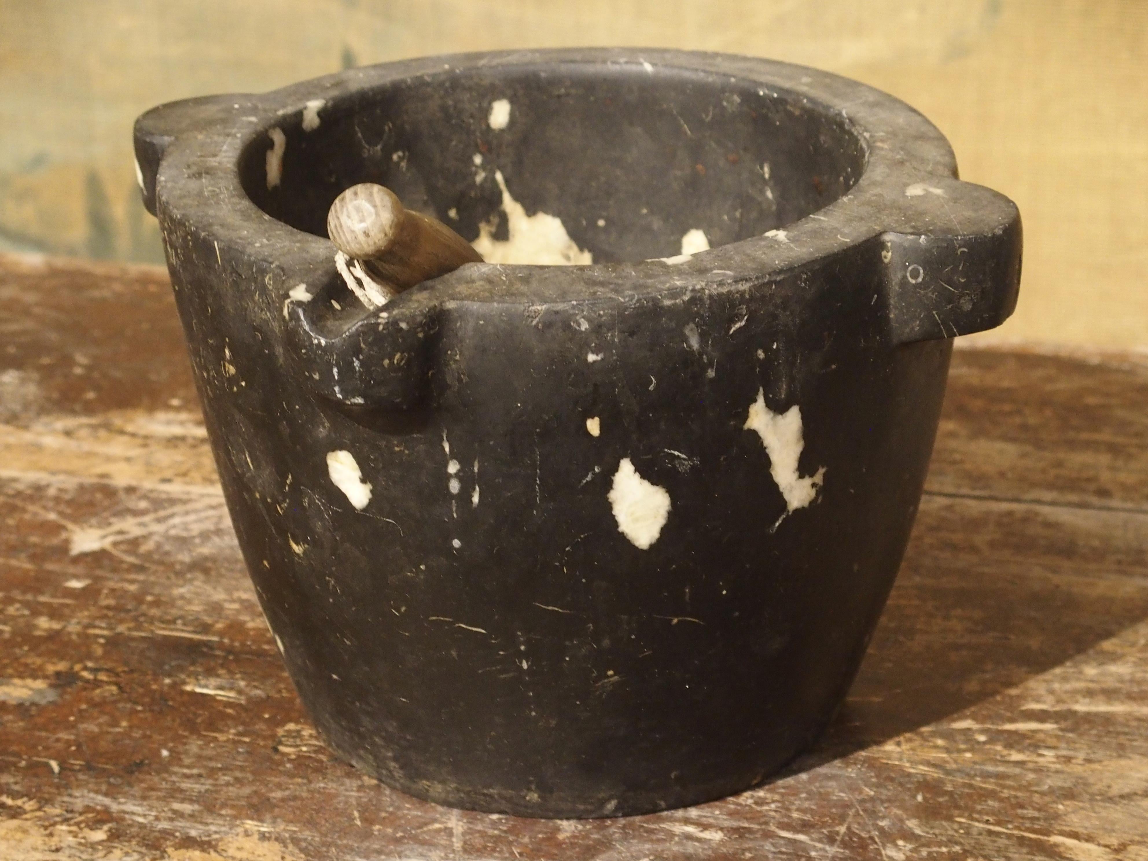We have a wide range of assorted stone mortars and wooden pestles (one pestle is marble), from the collection of a former pharmacist in Rouen, France.

The original use of a mortar and pestle was to aid pharmacists in crushing herbs into powder