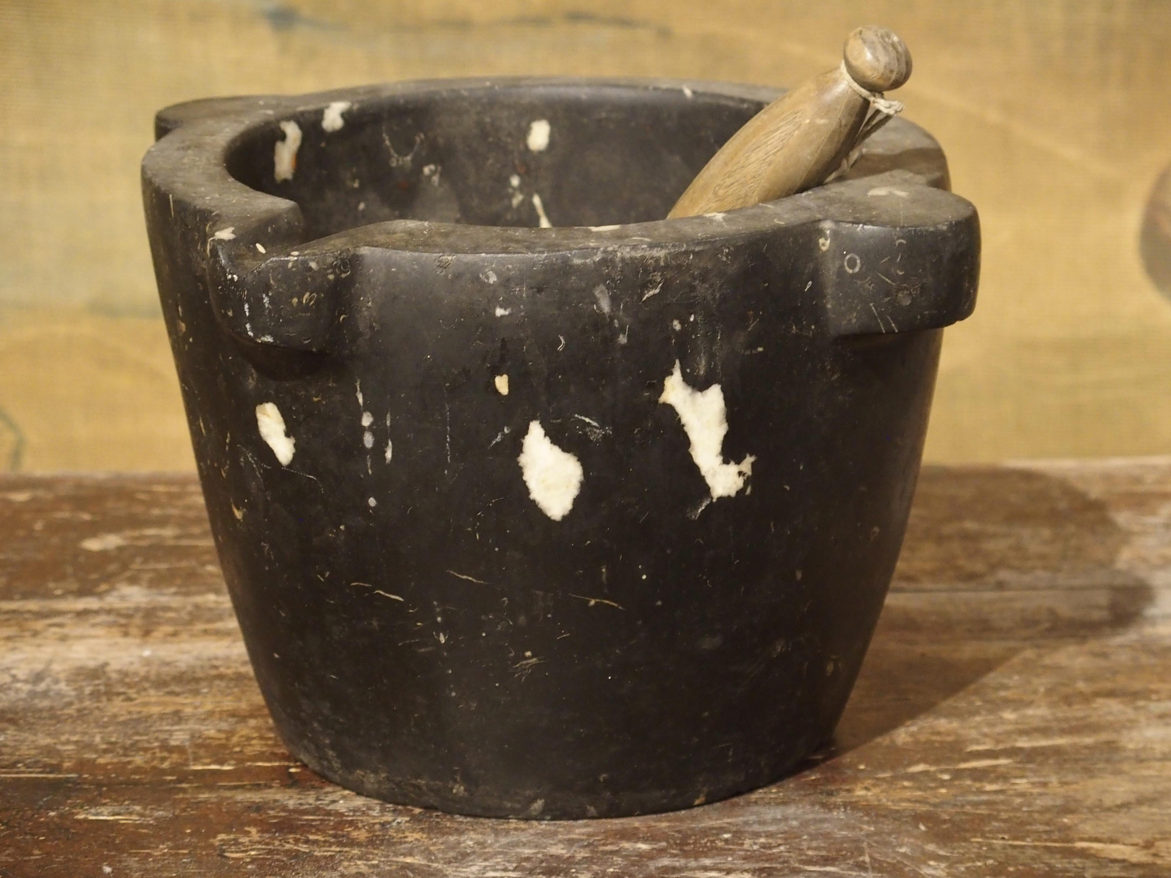 French Antique Black Marble with White Inclusions and Pestle, France, circa 1870
