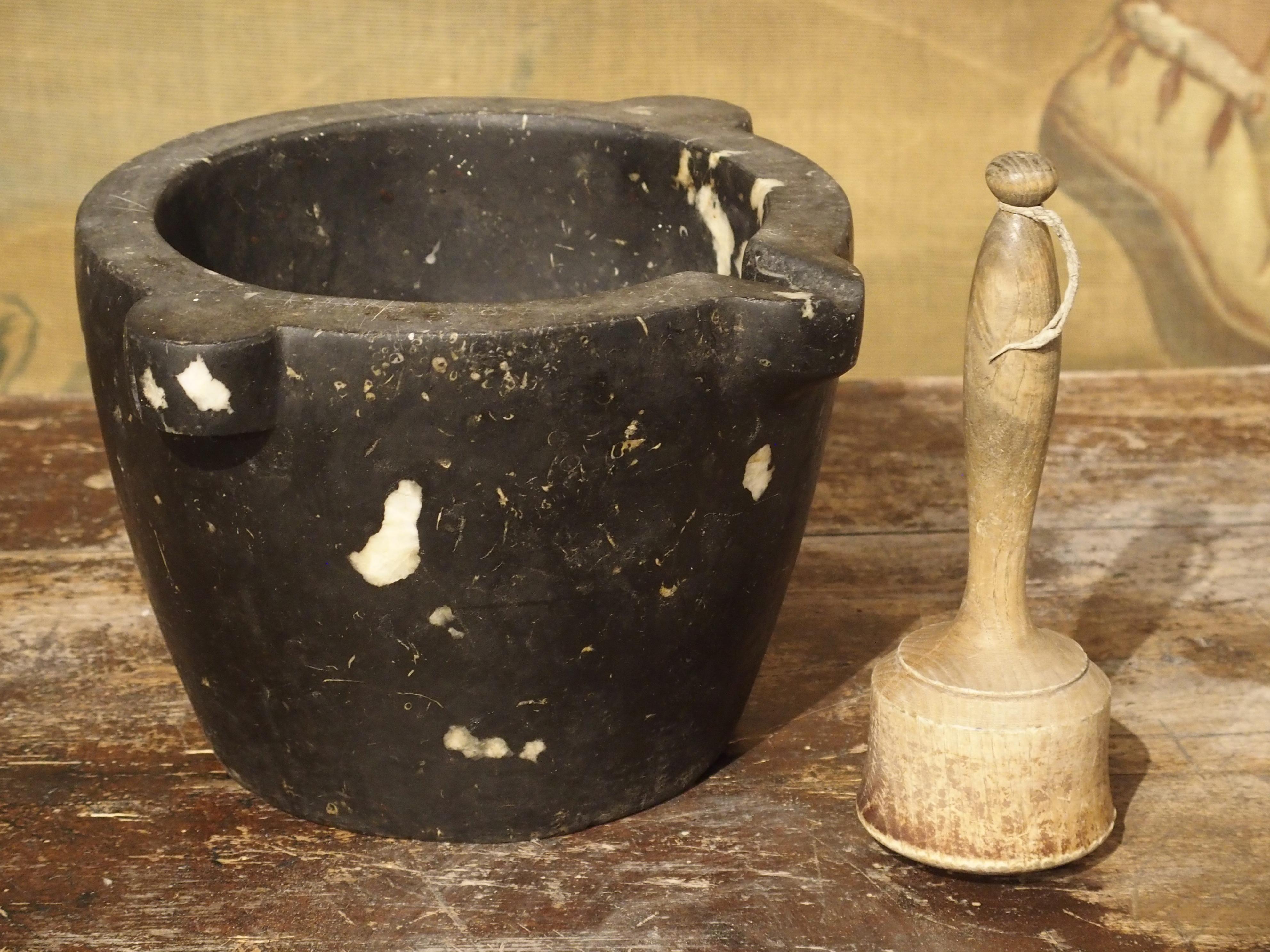 Stone Antique Black Marble with White Inclusions and Pestle, France, circa 1870