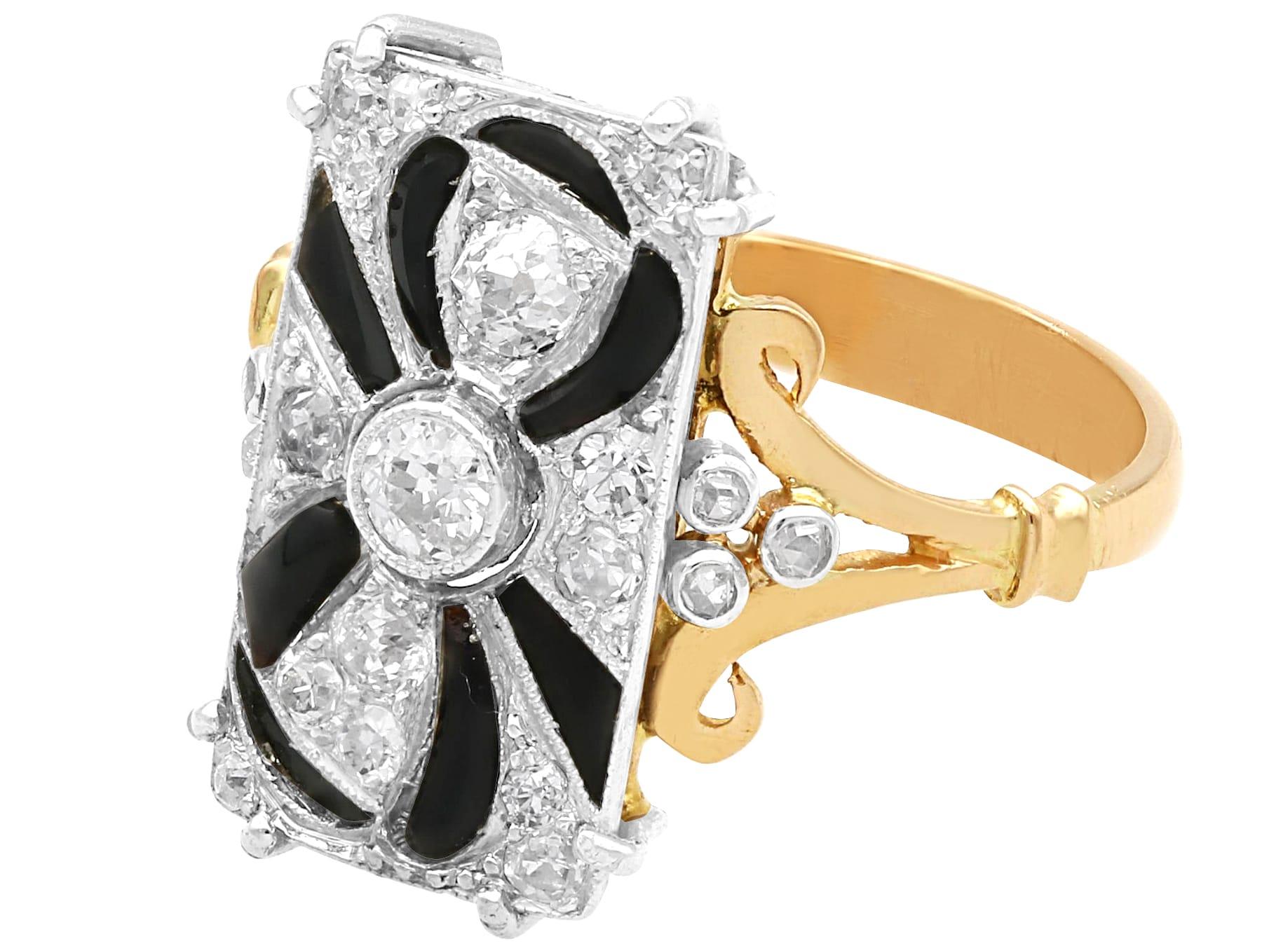 Art Deco Antique Black Onyx and 0.46 Carat Diamond 18 Karat Yellow Gold Ring For Sale