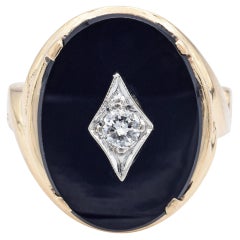 Antiker Cocktailring aus Gelbgold mit schwarzem Onyx und Diamant, Größe 8