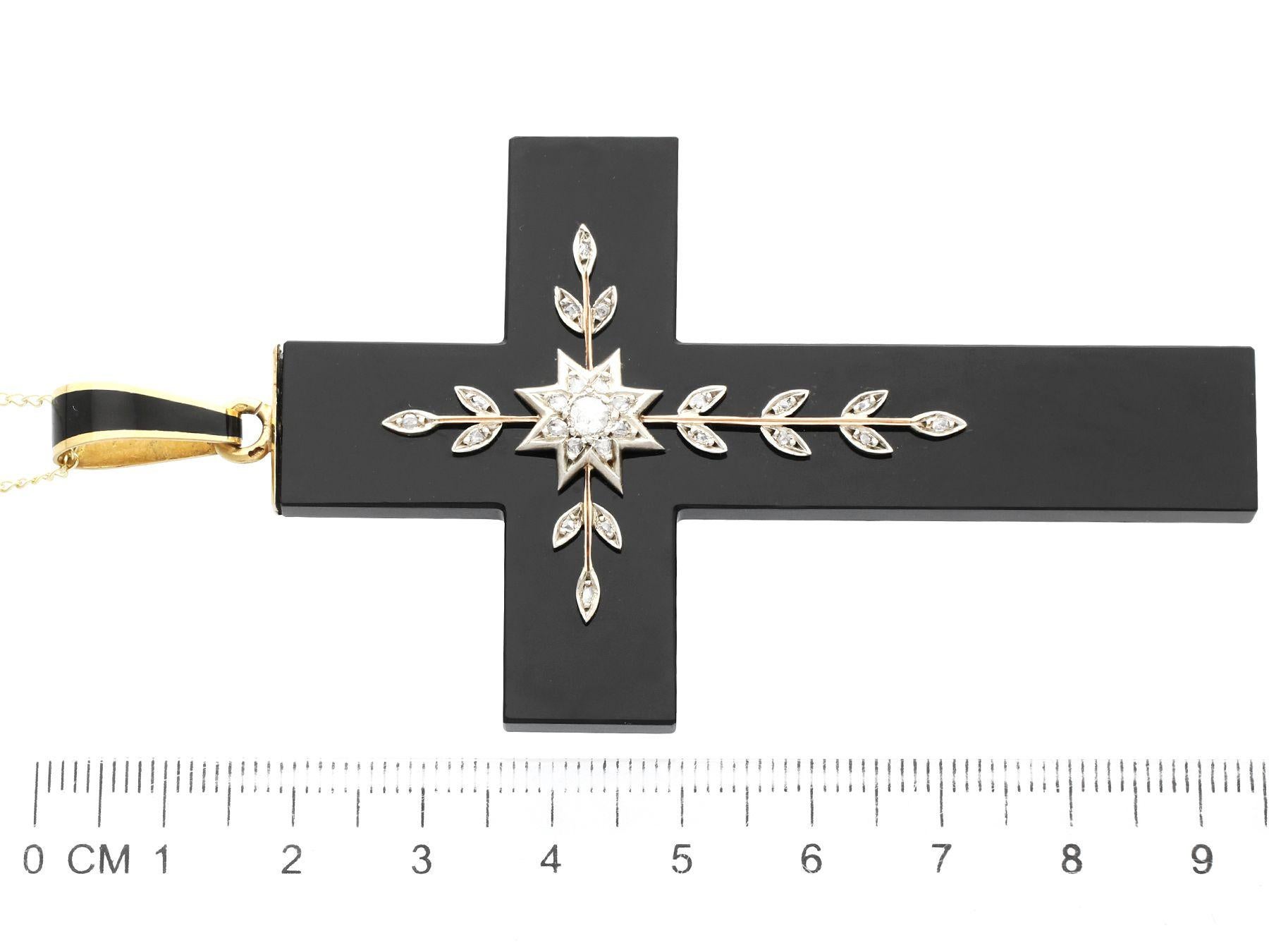 Round Cut Antique Black Onyx and Diamond Yellow Gold Cross Pendant, circa 1850 For Sale