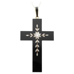 Antique Black Onyx and Diamond Yellow Gold Cross Pendant, circa 1850