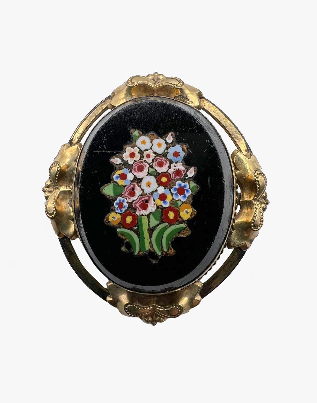 Women's or Men's Antique black onyx brooch with micromosaic flower, 1900s For Sale