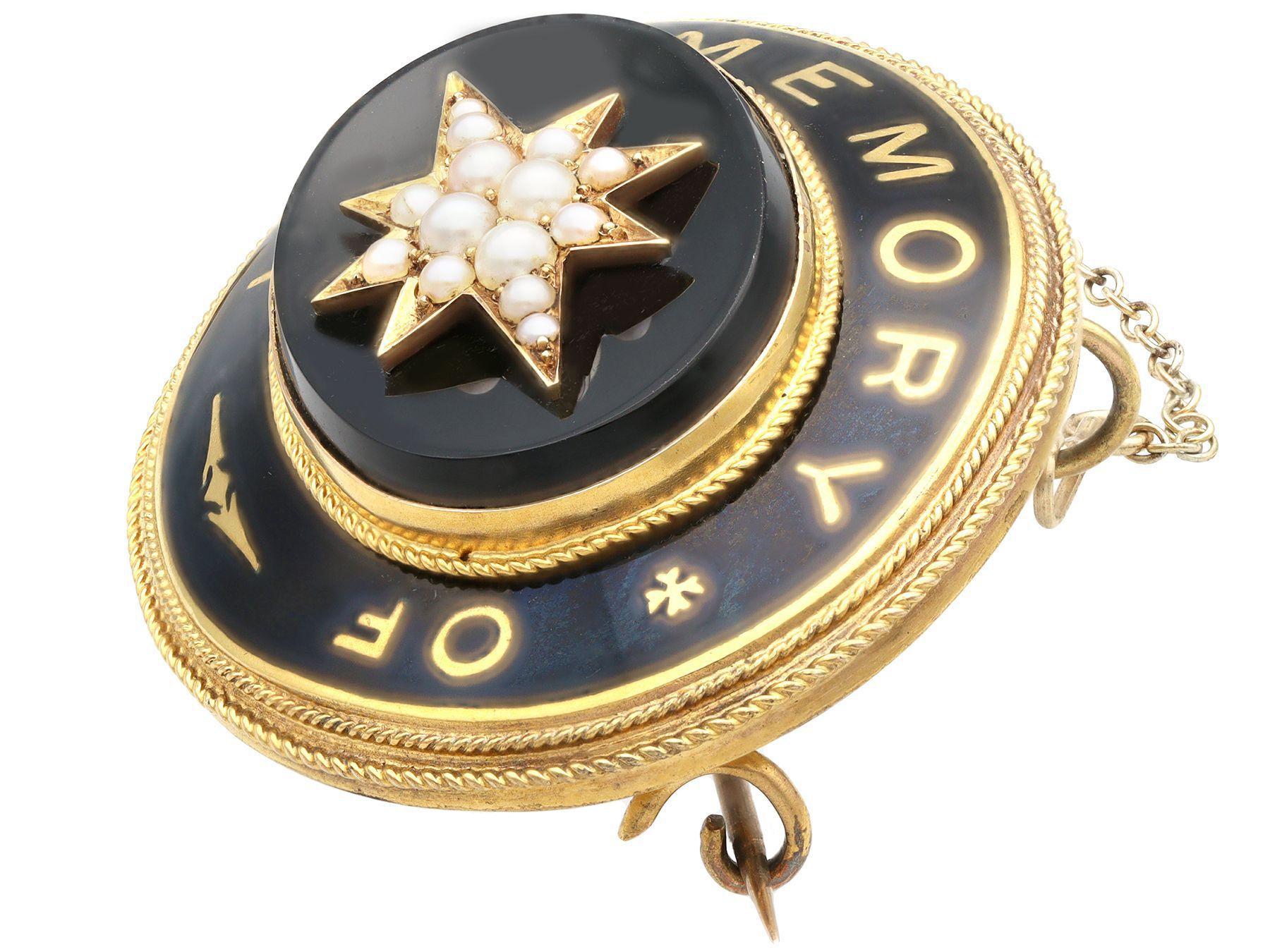 Round Cut Antique Black Onyx Enamel and Seed Pearl 20 Karat Yellow Gold Mourning Brooch For Sale