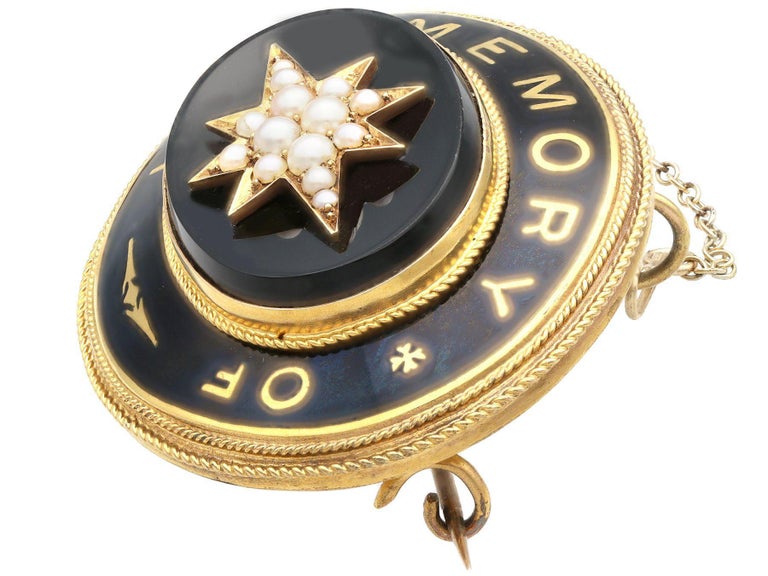 Round Cut Antique Black Onyx Enamel and Seed Pearl 20k Yellow Gold Mourning Brooch For Sale