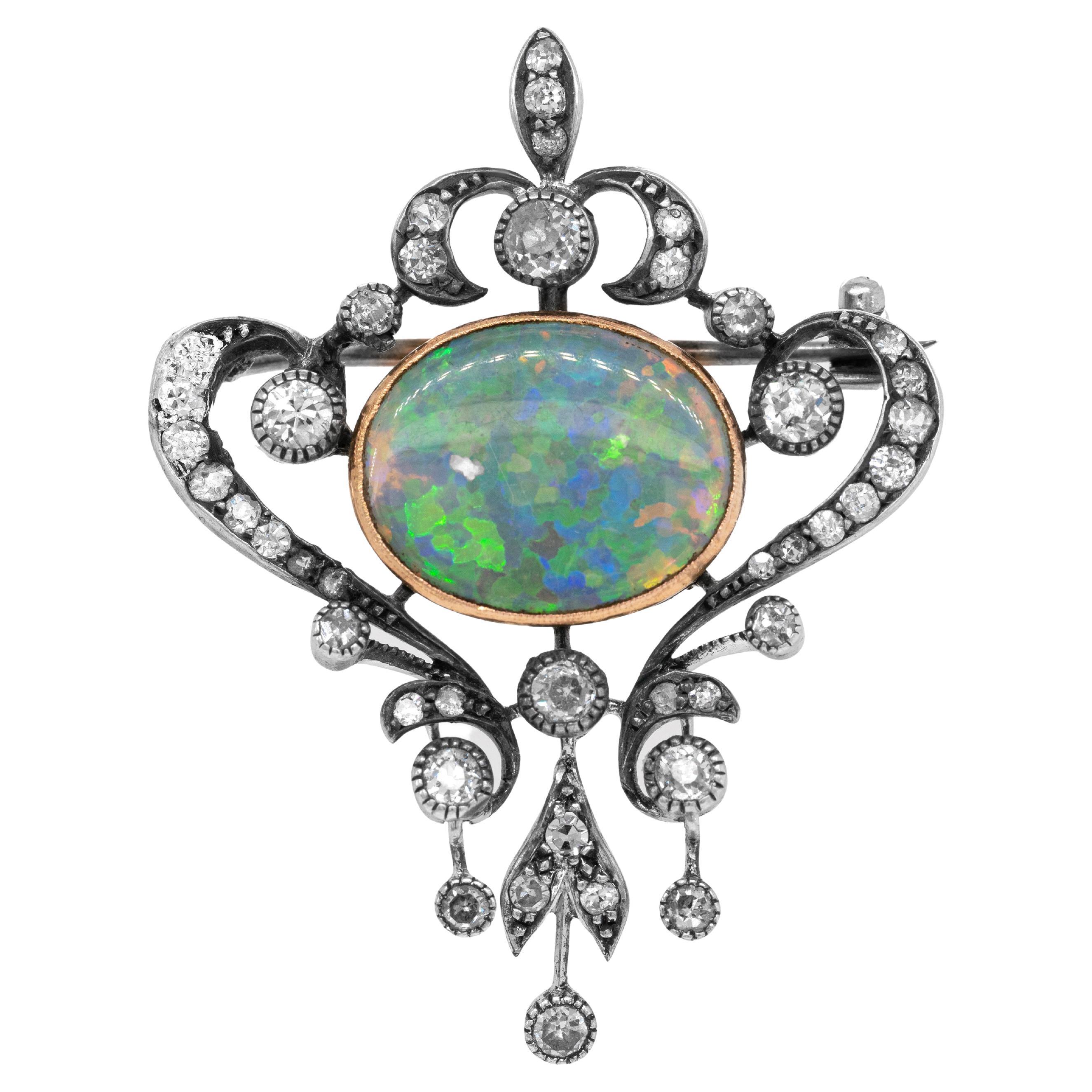 Antique Black Opal and Old Mine Cut Diamond Silver on Gold Brooch, circa 1880 For Sale