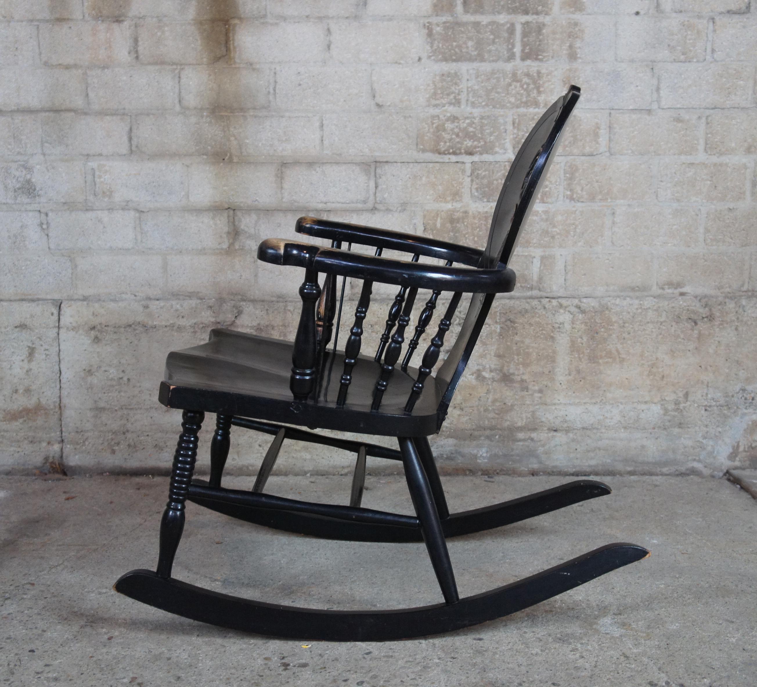 Antique Black Painted Oak Stag Back Hunt Rocker Rocking Chair In Good Condition In Dayton, OH