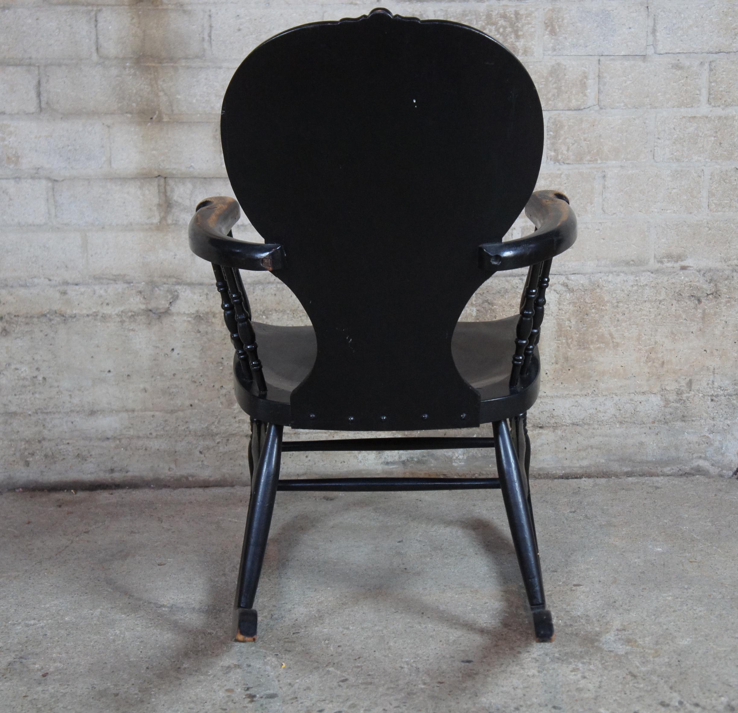 19th Century Antique Black Painted Oak Stag Back Hunt Rocker Rocking Chair