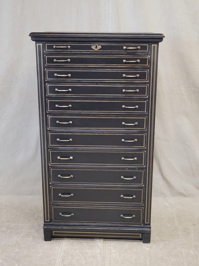 Antique Black Painted Pine 11 Drawer Lingerie Chest With Gold French Lines  at 1stDibs | black lingerie chest, painted lingerie chest