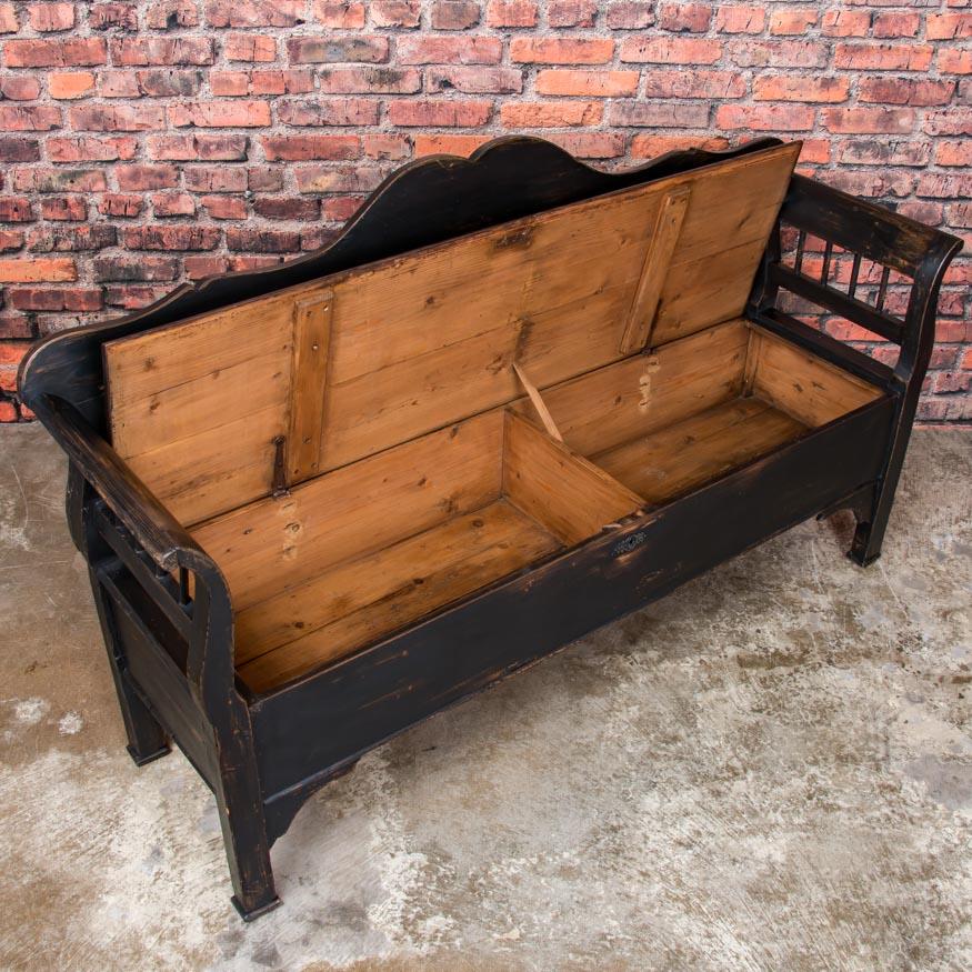 19th Century Antique Black Painted Swedish Country Storage Bench