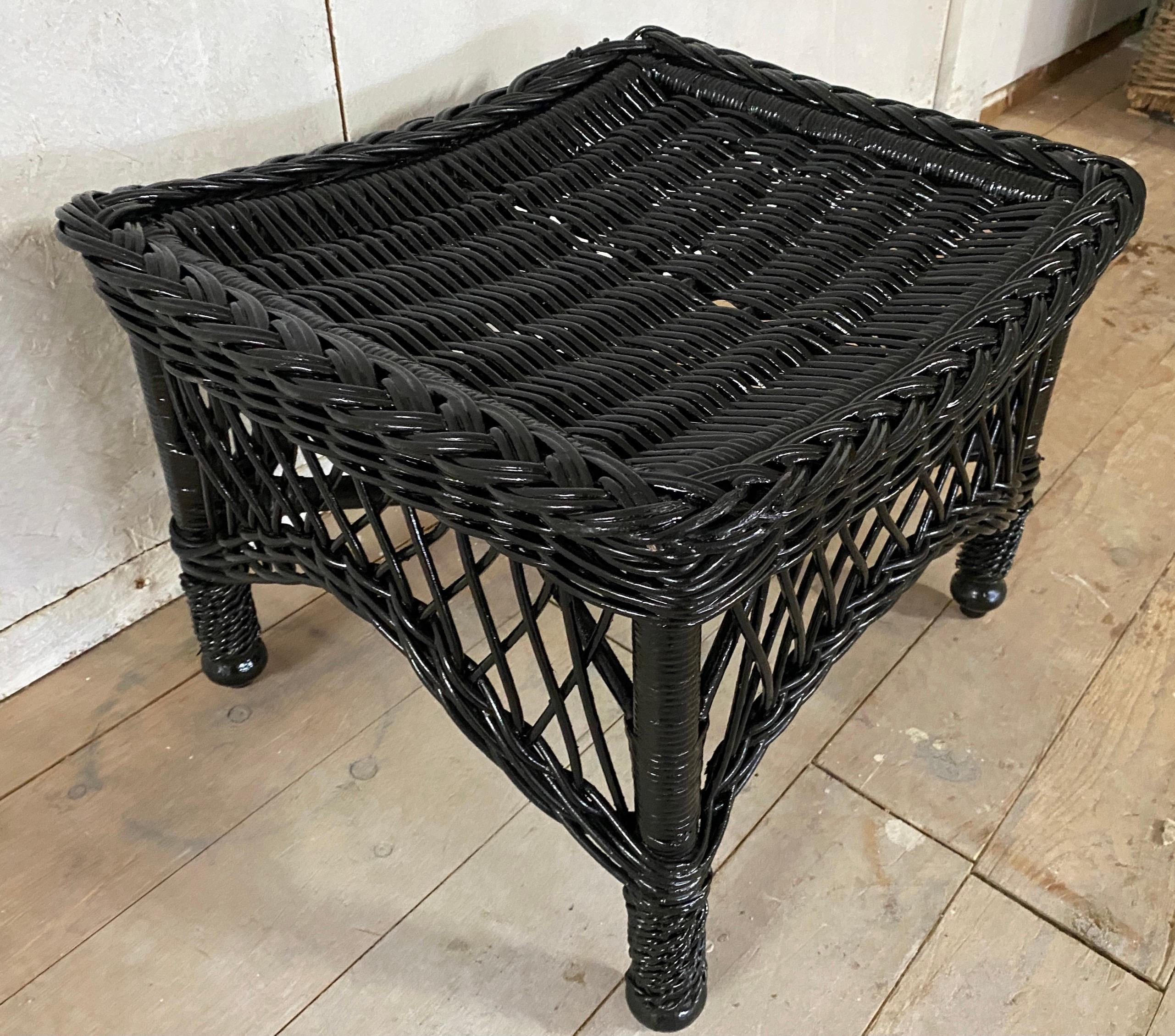 Hand-Woven Antique Black Painted Wicker Stool
