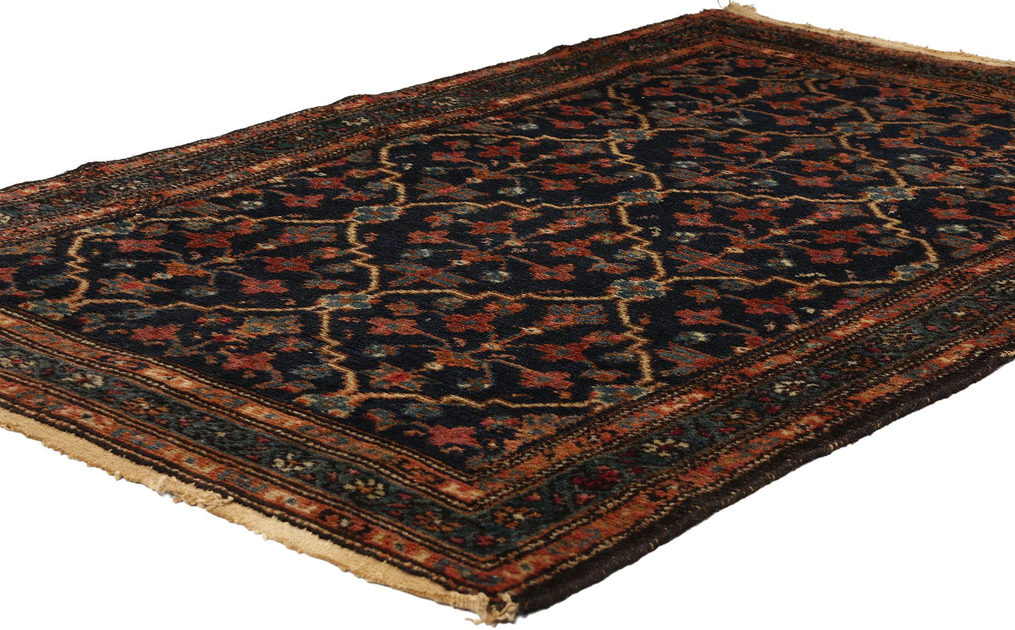 78737 Antique Black Persian Hamadan Rug, 02'10 x  04'05. Dive into the mysterious fusion of enigmatic elegance and timeless allure, encapsulated within the hand-knotted wool antique Persian Hamadan rug. The intricate compartmental design and the