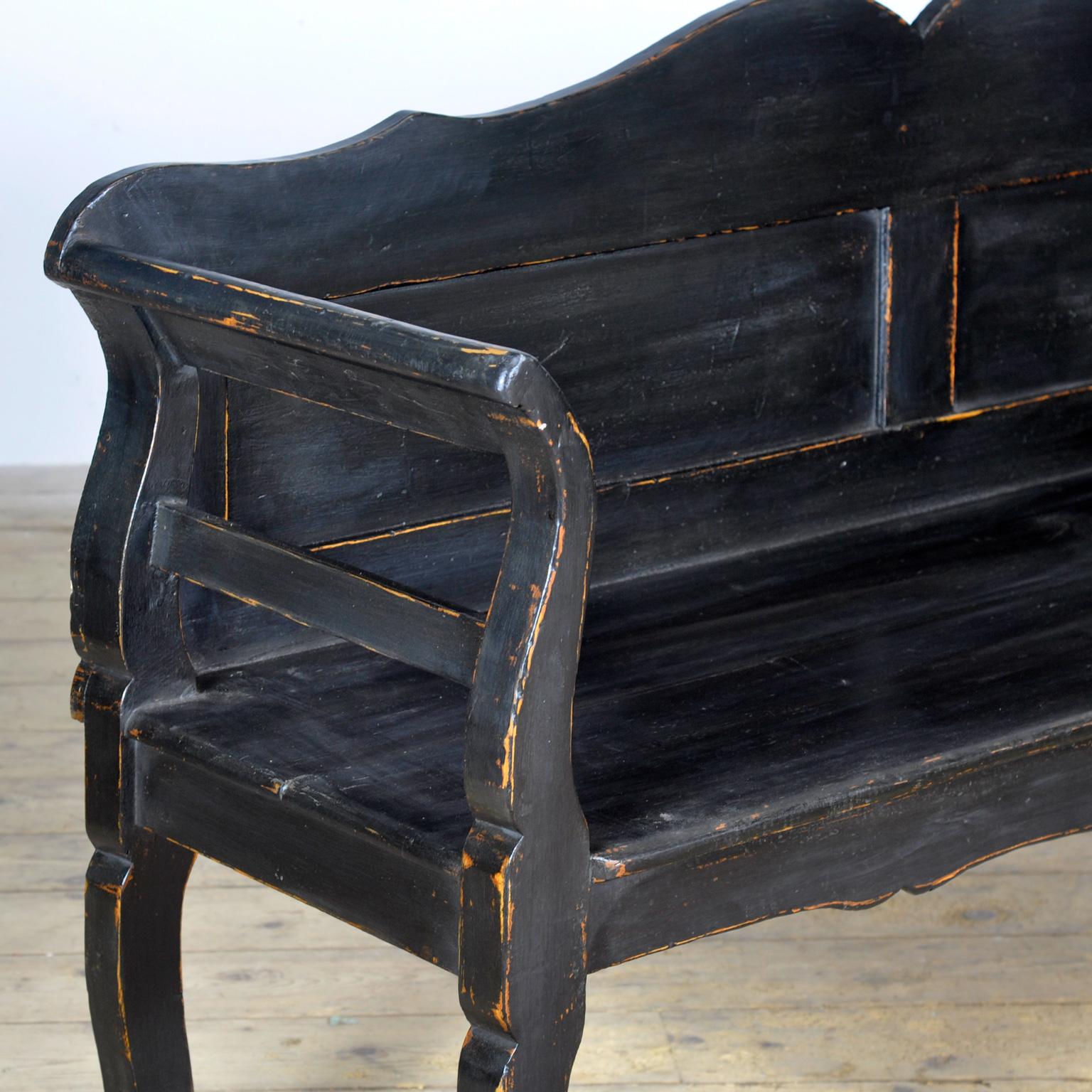Hungarian Antique black Pine Bench, 1920s