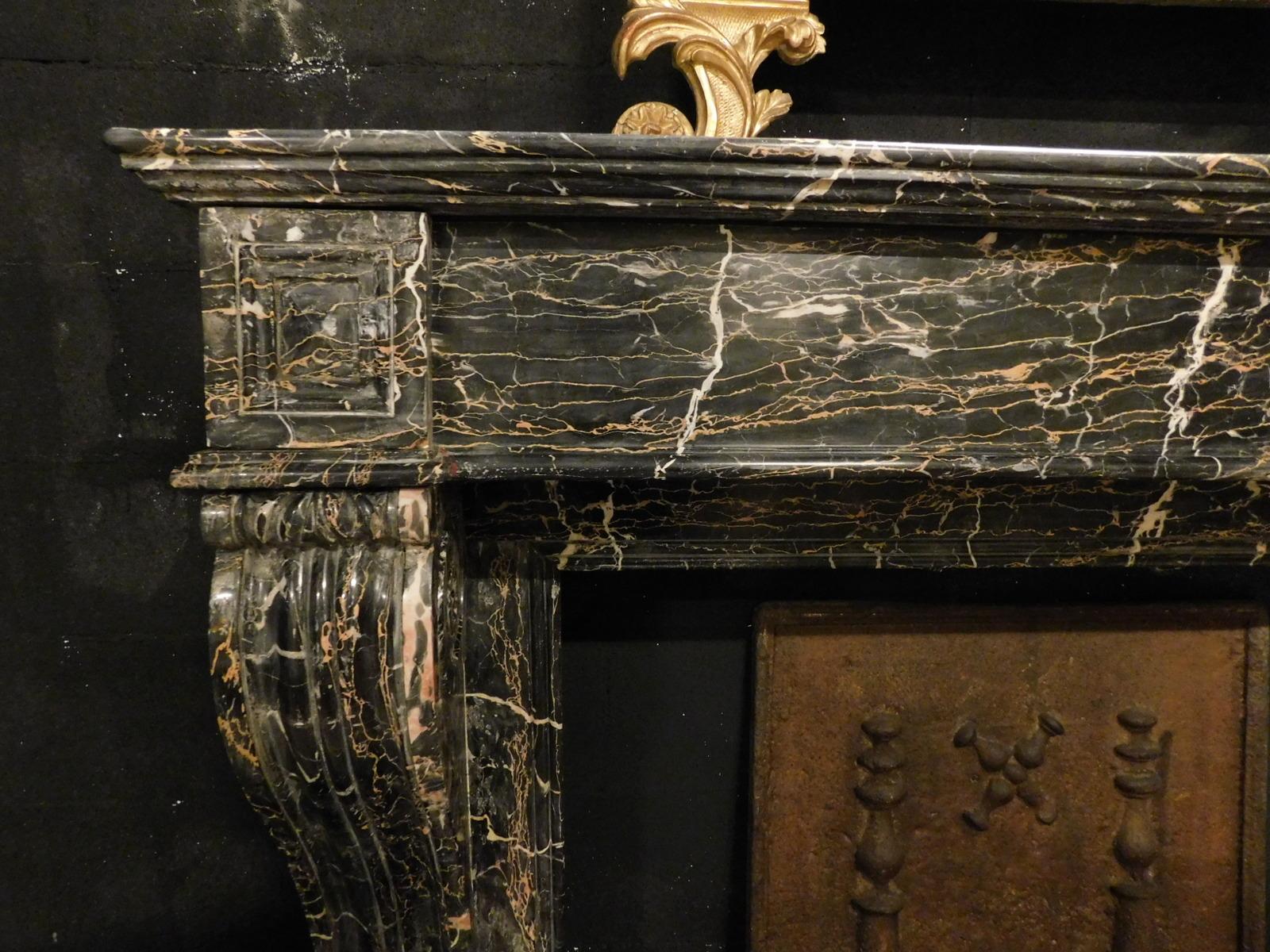 Antique Black Portoro Marble Fireplace Mantle Lion's Paw Legs 19th Century Italy For Sale 1