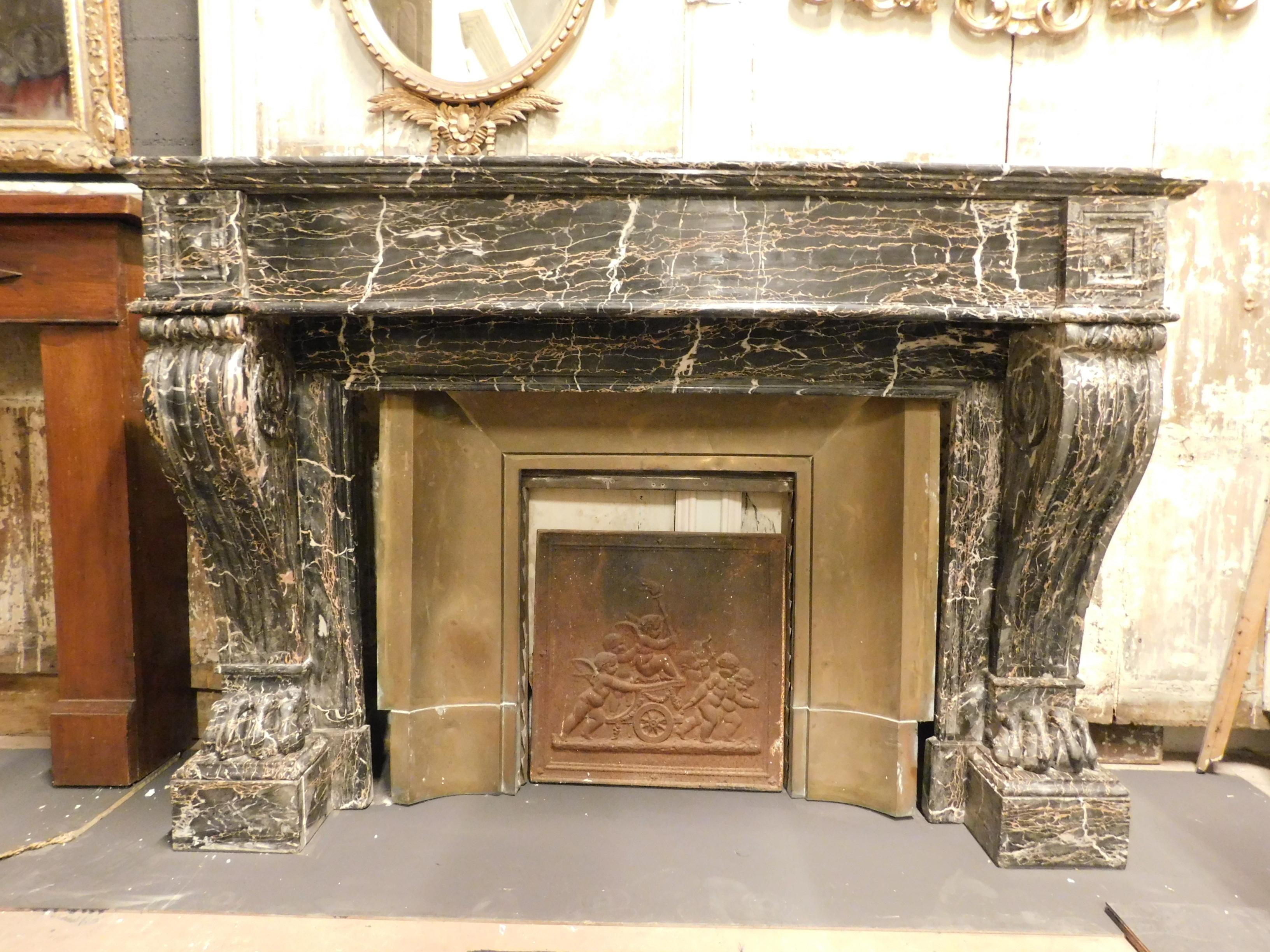 Antique Black Portoro Marble Fireplace Mantle Lion's Paw Legs 19th Century Italy For Sale 2