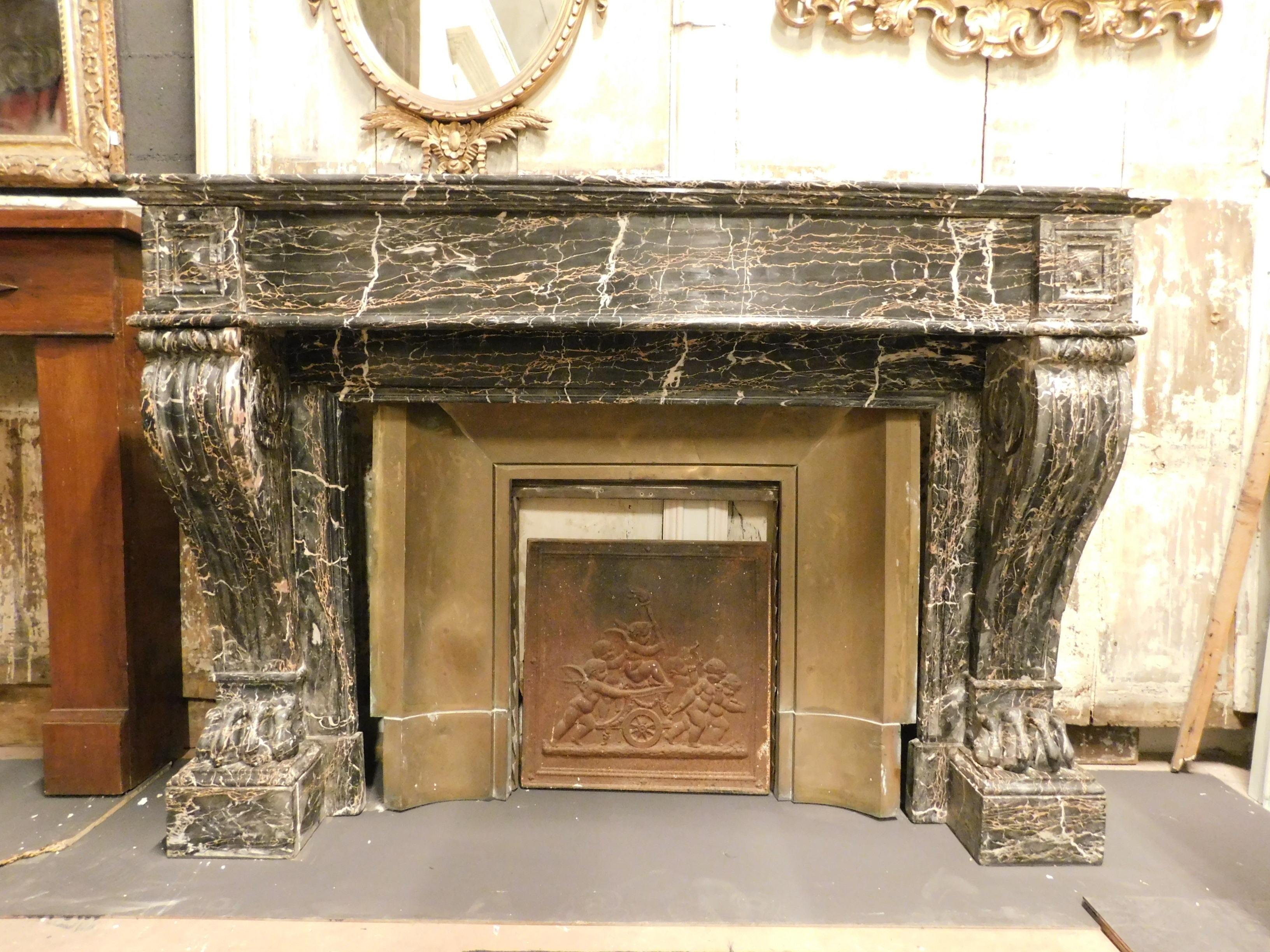 Antique Black Portoro Marble Fireplace Mantle Lion's Paw Legs 19th Century Italy For Sale 3