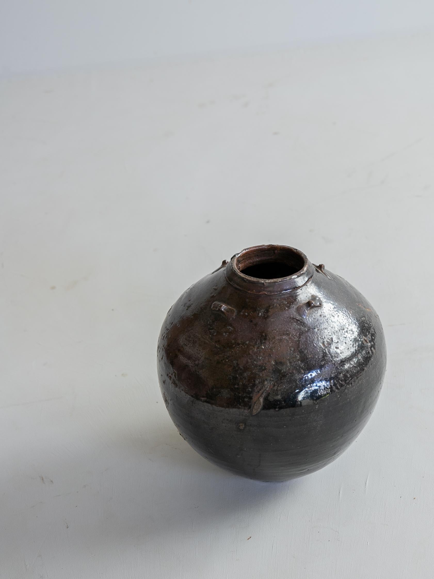 Chinese Antique Black Pottery Jar / 1500s / Wabi-Sabi Tsubo / Beautiful Vase