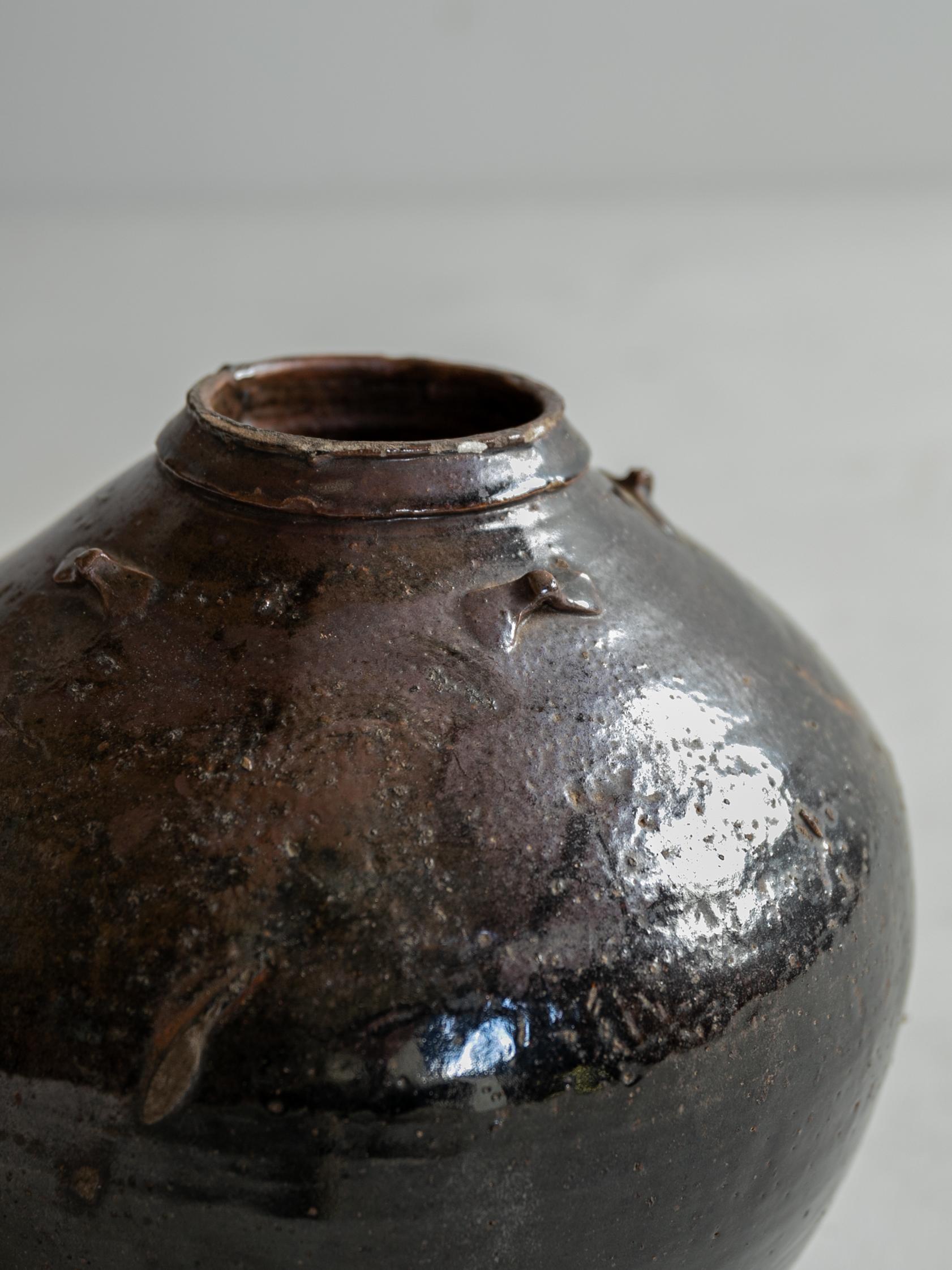 Hand-Carved Antique Black Pottery Jar / 1500s / Wabi-Sabi Tsubo / Beautiful Vase