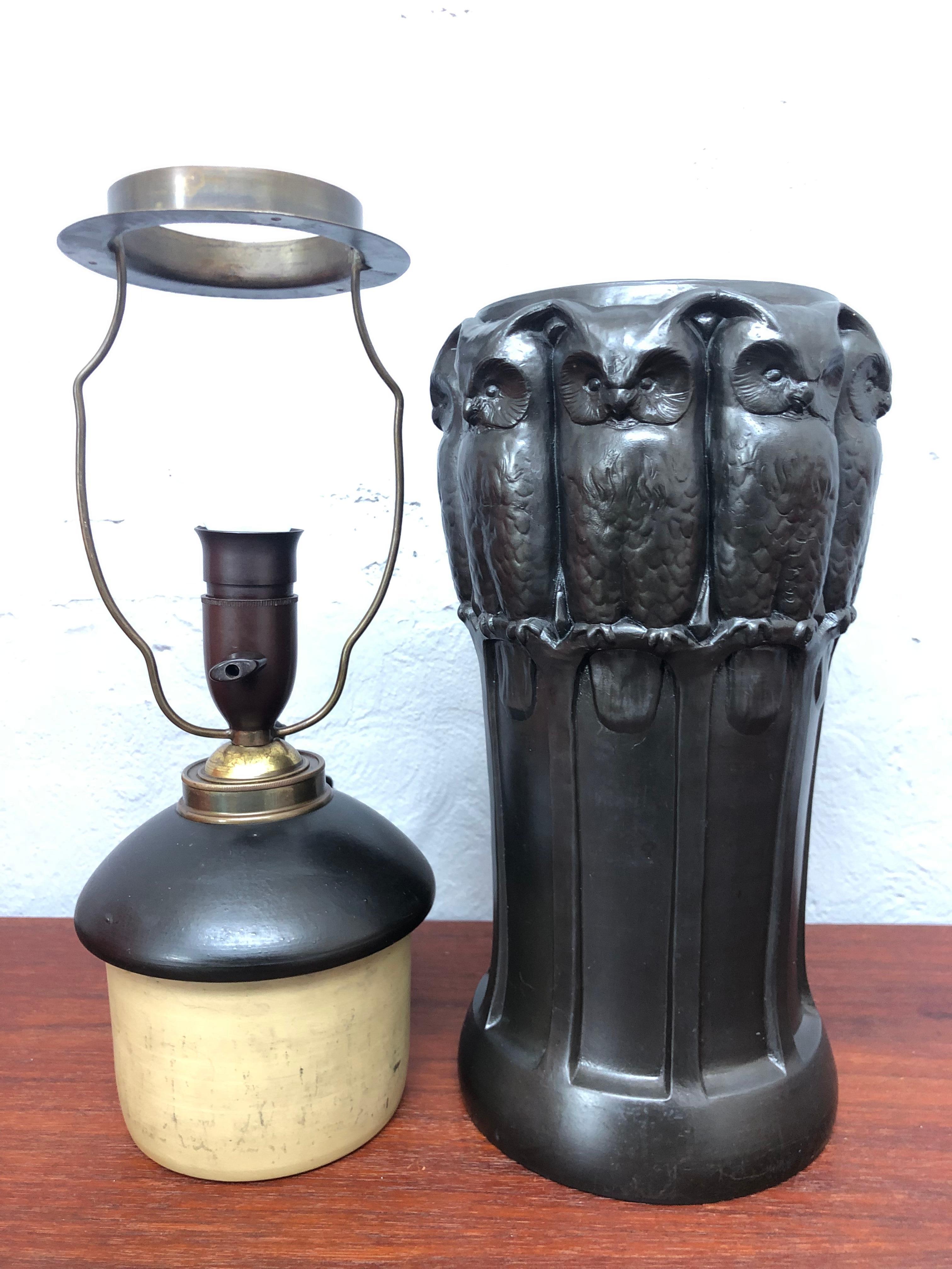 Antique Black Pottery Owl Table Lamp by L. Hjorth of Bornholm For Sale 3