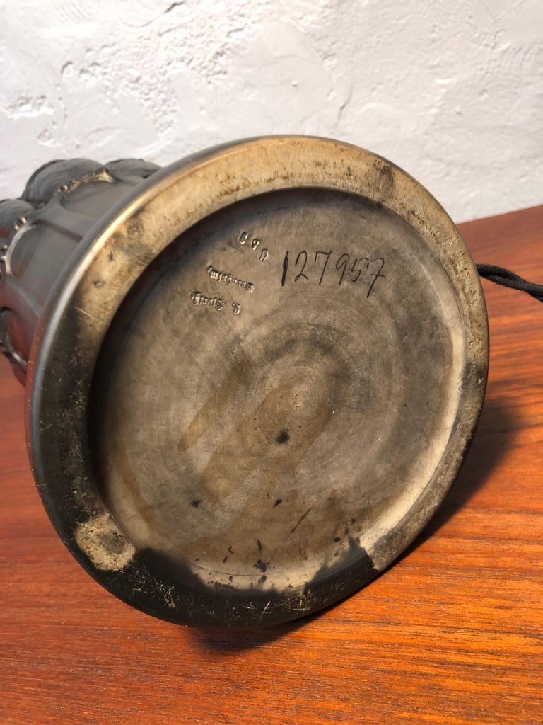 Antique Black Pottery Owl Table Lamp by L. Hjorth of Bornholm For Sale