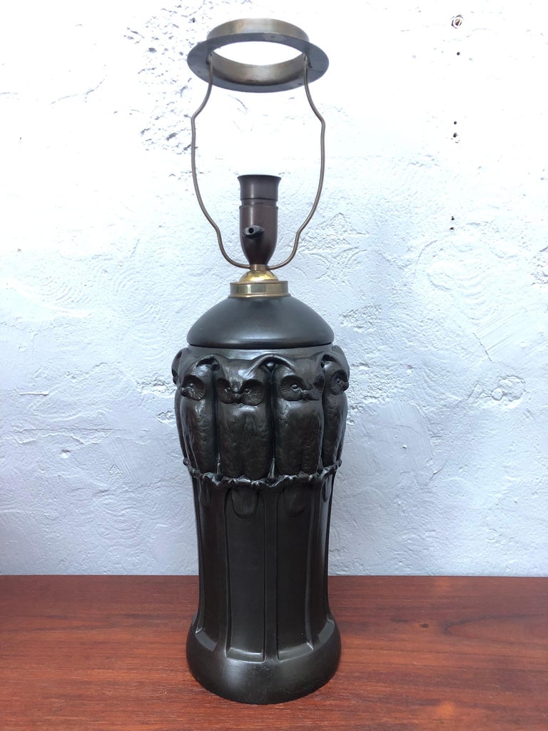 Antique Black Pottery Owl Table Lamp by L. Hjorth of Bornholm For Sale