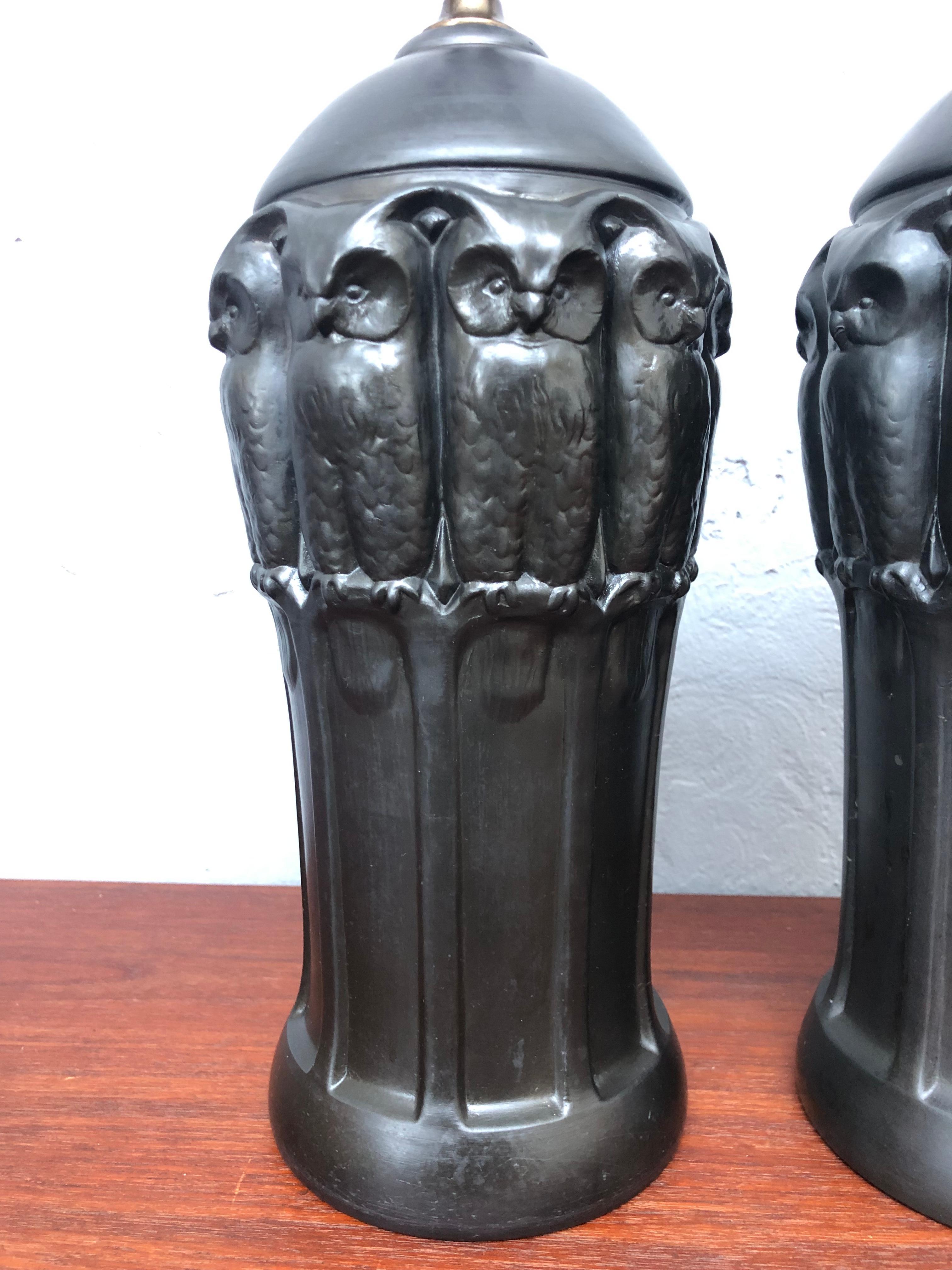 Art Nouveau Antique Black Pottery Owl Table Lamp by L. Hjorth of Bornholm For Sale